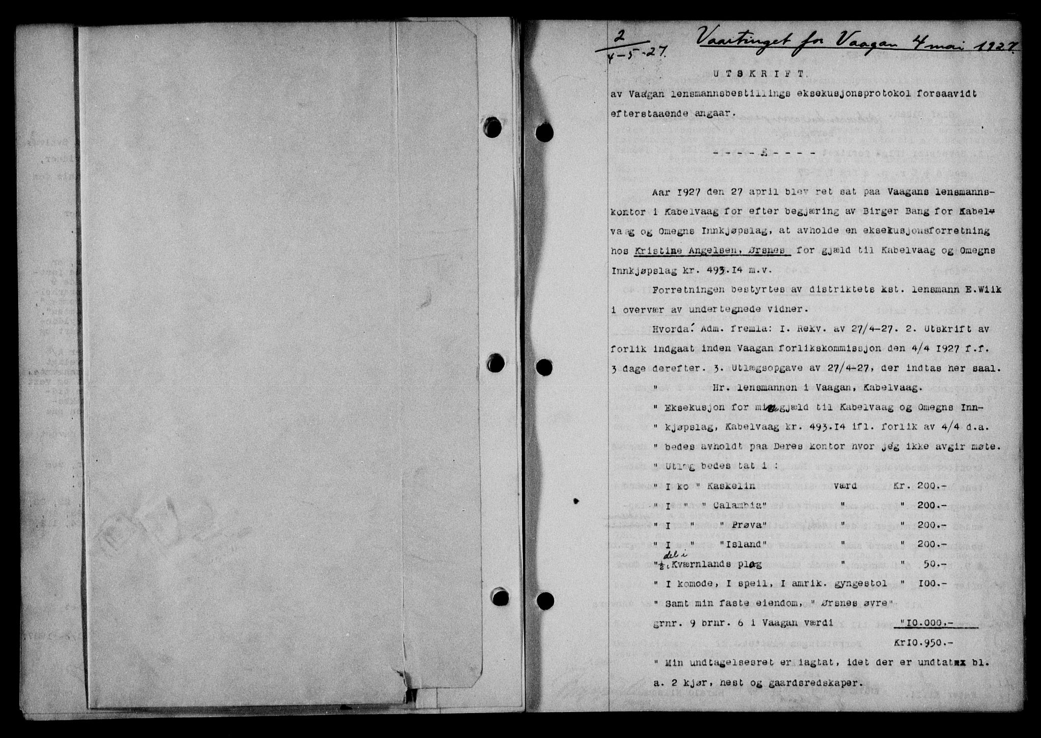 Lofoten sorenskriveri, SAT/A-0017/1/2/2C/L0015b: Pantebok nr. 15b, 1927-1927, Tingl.dato: 04.05.1927