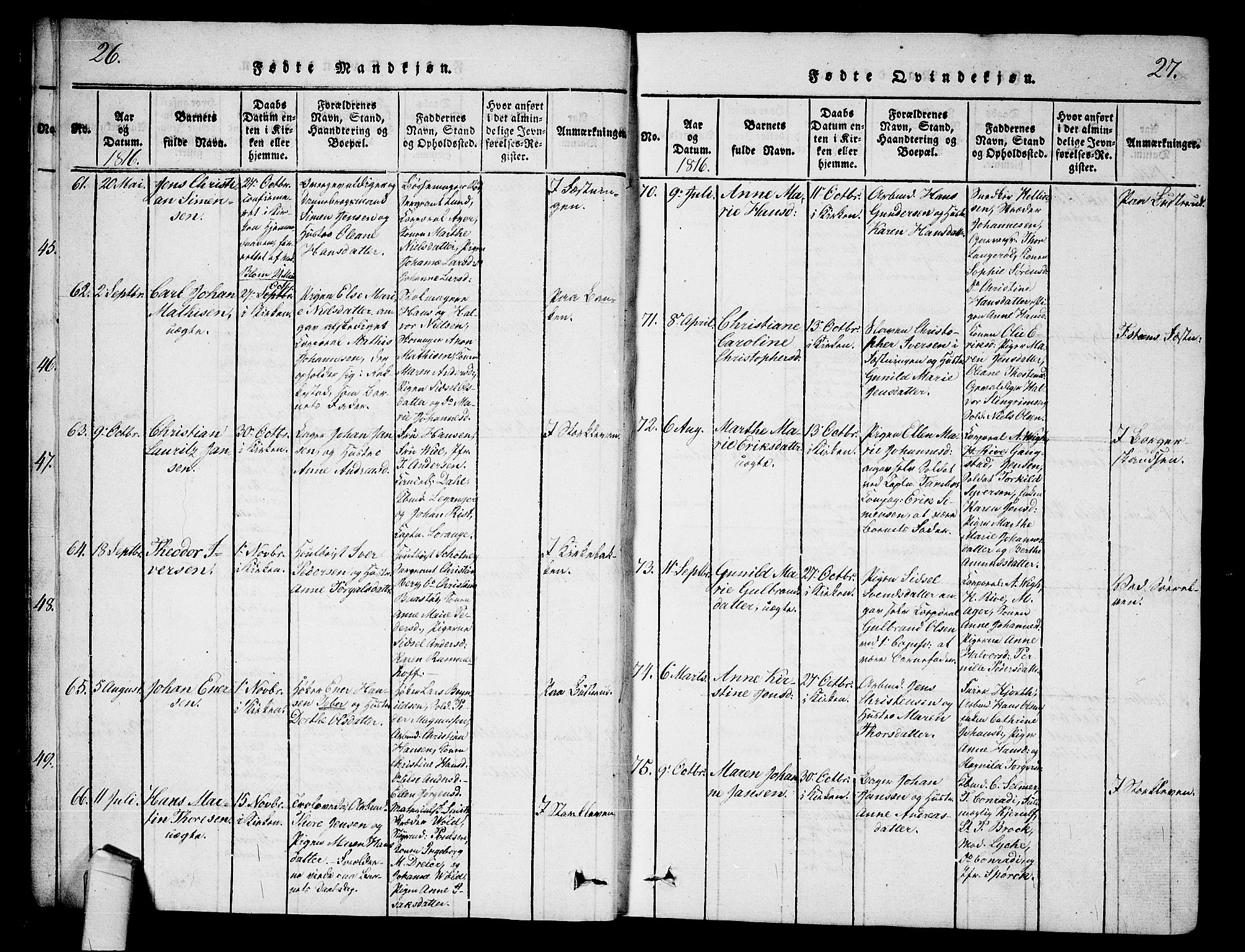 Halden prestekontor Kirkebøker, AV/SAO-A-10909/G/Ga/L0001: Klokkerbok nr. 1, 1815-1833, s. 26-27