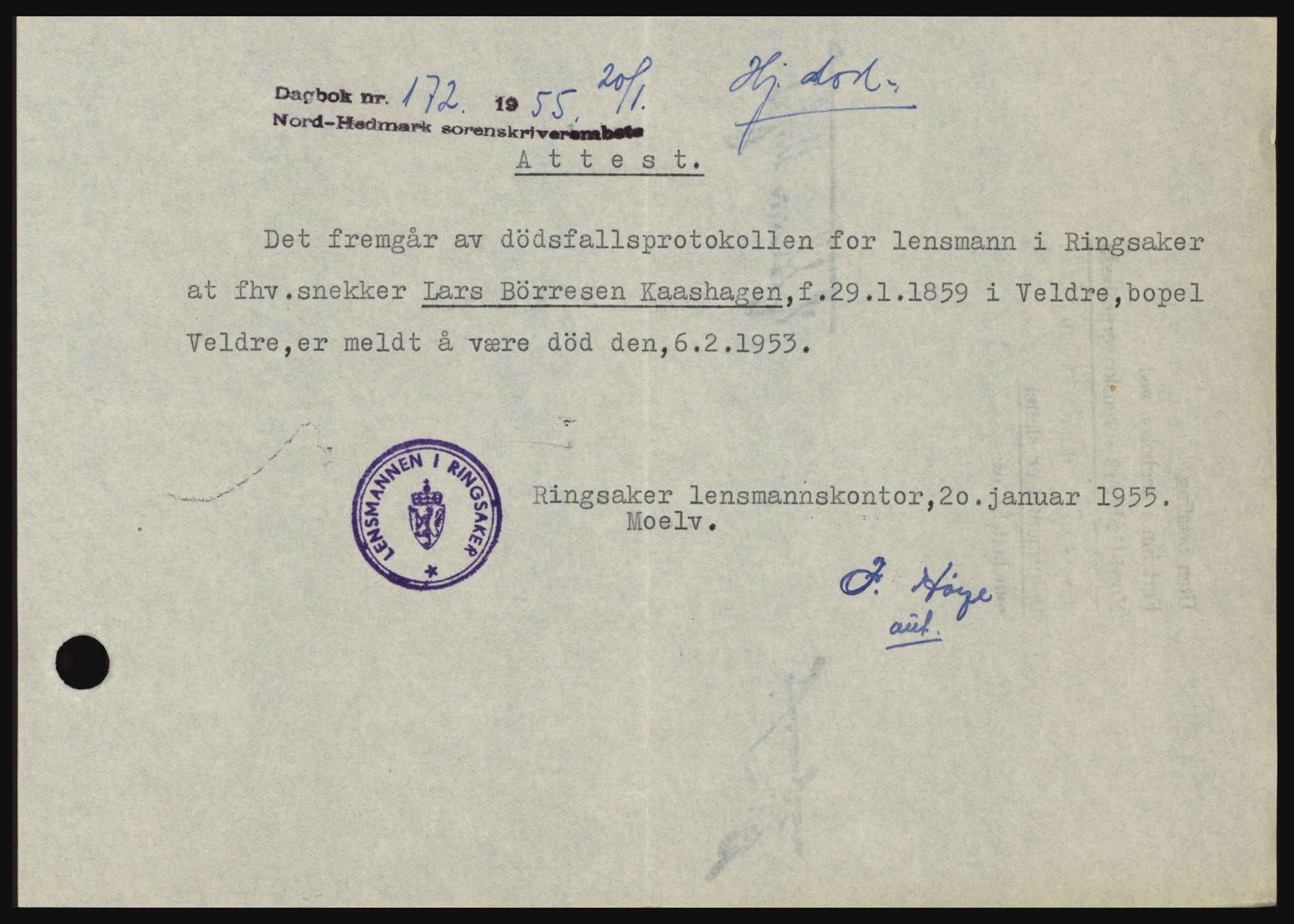 Nord-Hedmark sorenskriveri, SAH/TING-012/H/Hc/L0010: Pantebok nr. 10, 1955-1956, Dagboknr: 172/1955