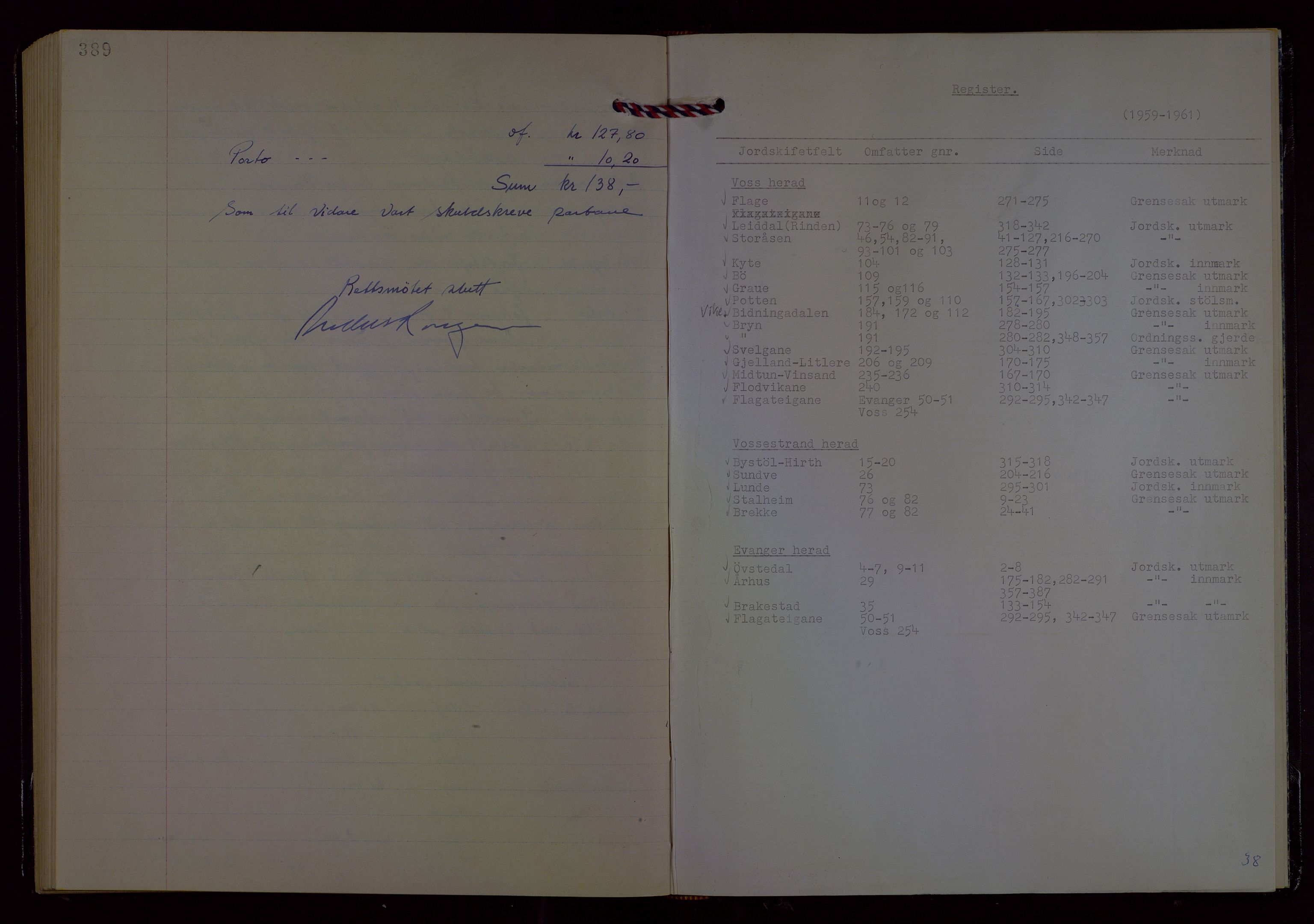 Hordaland jordskiftedøme - V Voss jordskiftedistrikt, SAB/A-7201/A/Aa/L0038: Forhandlingsprotokoll, 1959-1965