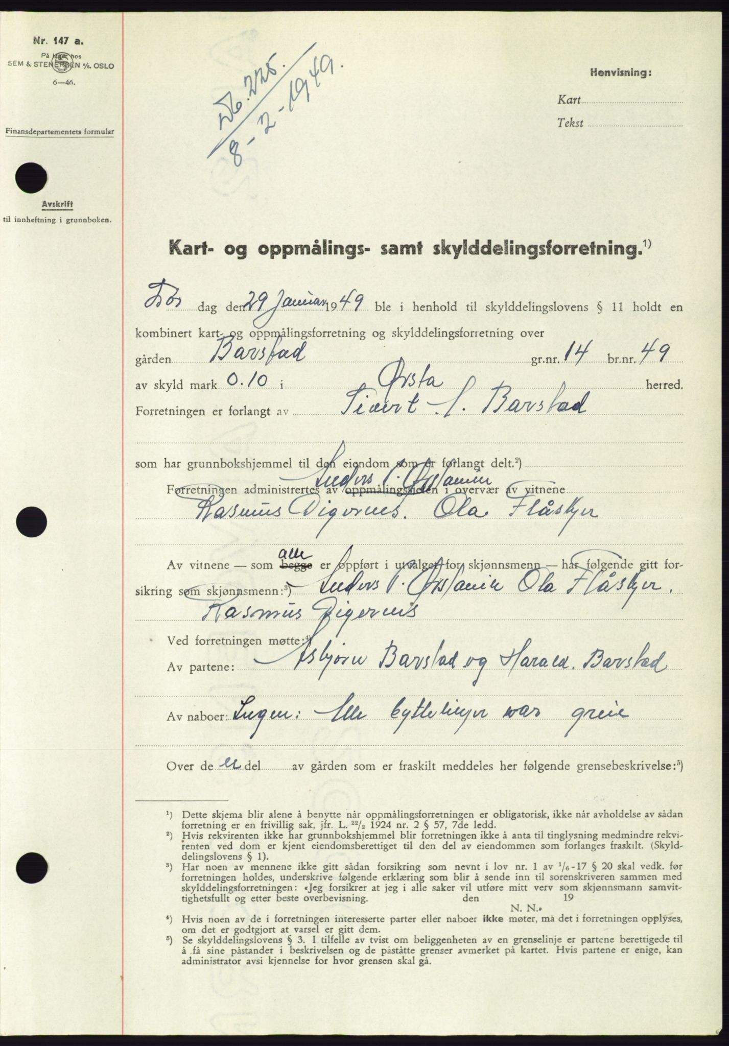 Søre Sunnmøre sorenskriveri, SAT/A-4122/1/2/2C/L0084: Pantebok nr. 10A, 1949-1949, Dagboknr: 225/1949