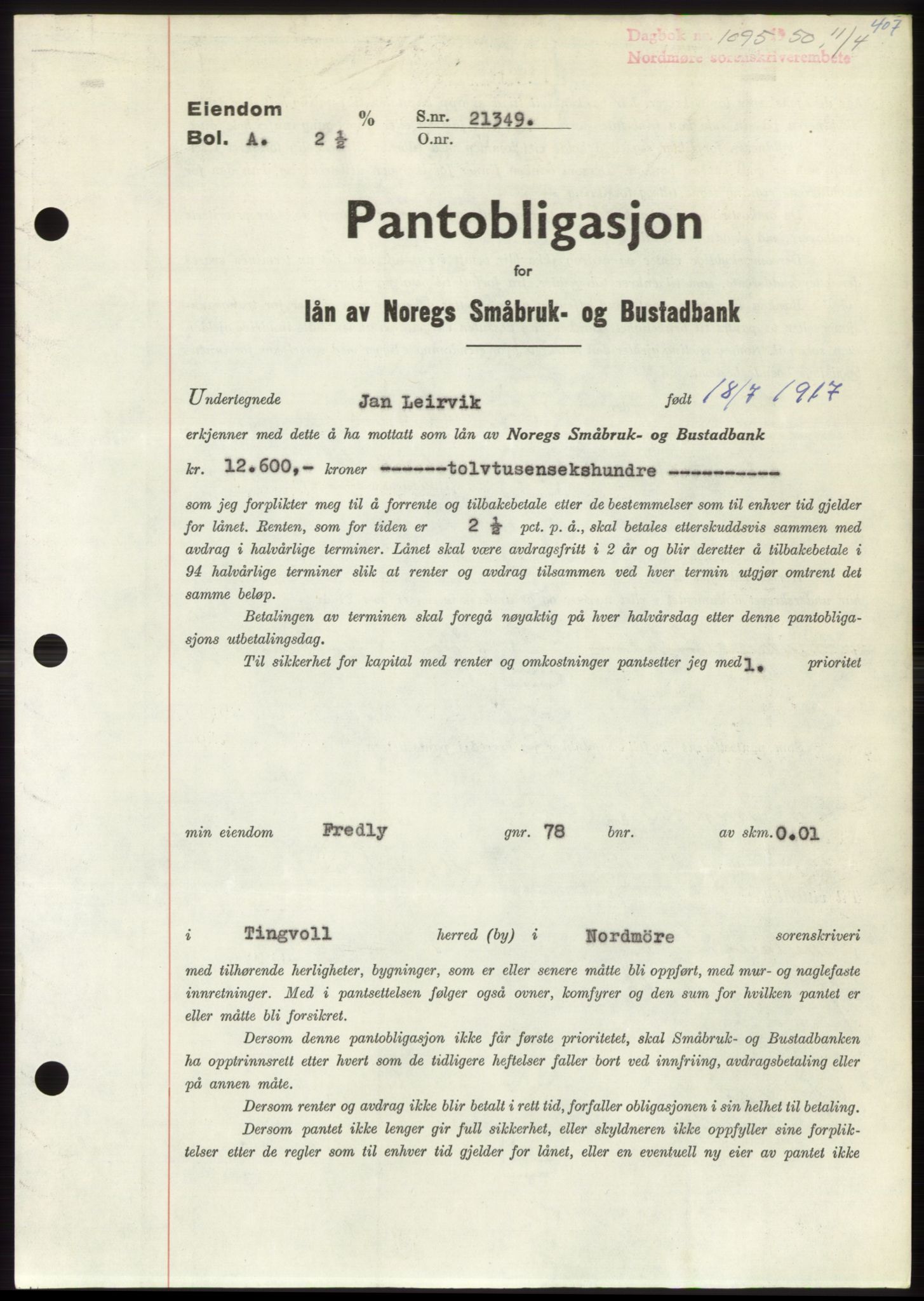 Nordmøre sorenskriveri, SAT/A-4132/1/2/2Ca: Pantebok nr. B104, 1950-1950, Dagboknr: 1095/1950