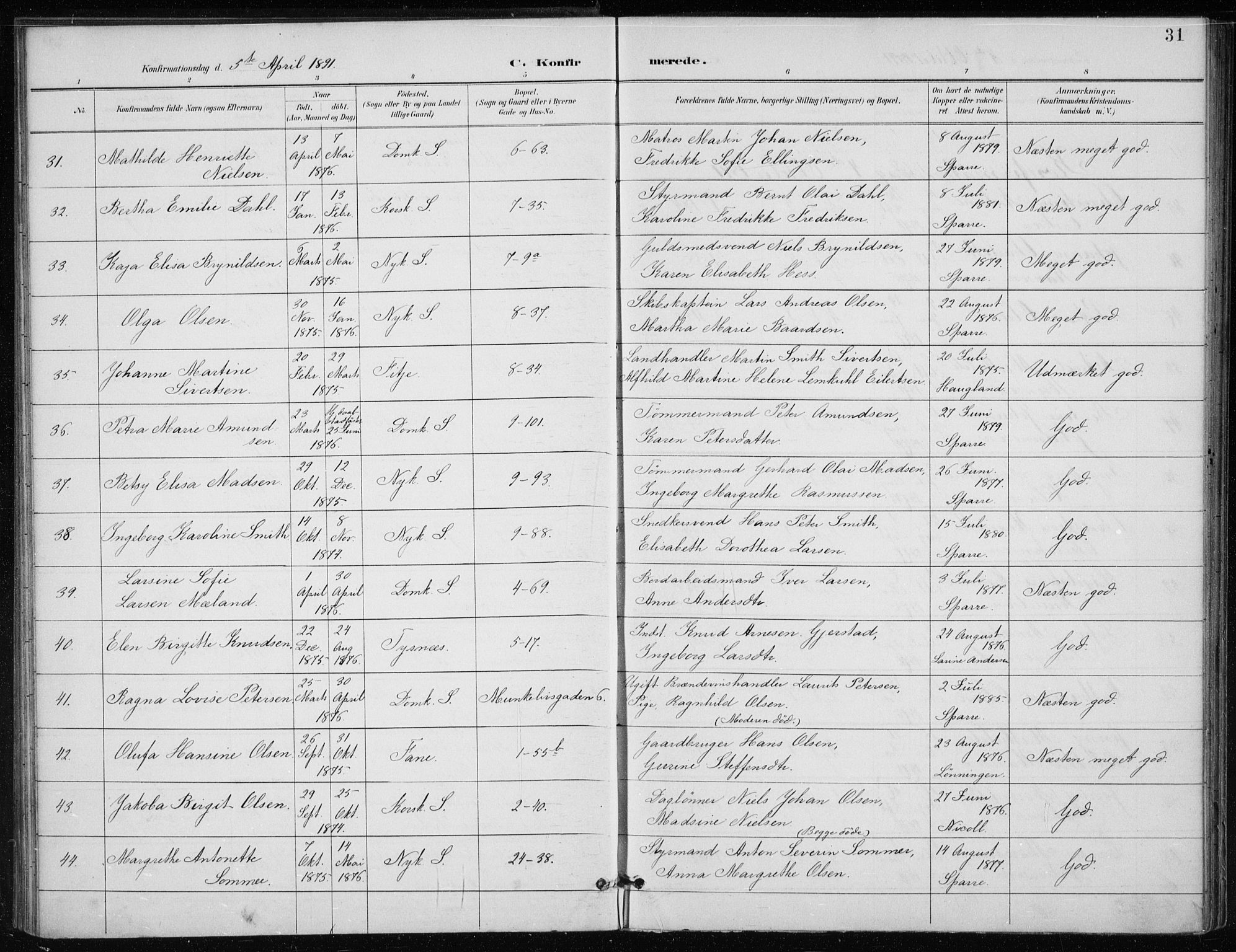Nykirken Sokneprestembete, AV/SAB-A-77101/H/Haa/L0028: Ministerialbok nr. C 7, 1887-1913, s. 31