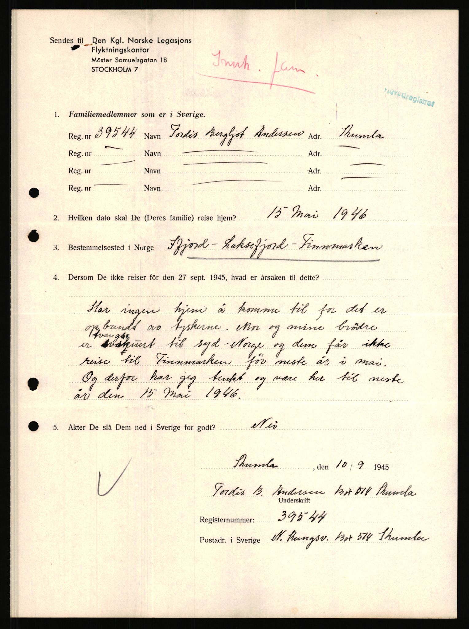 Den Kgl. Norske Legasjons Flyktningskontor, AV/RA-S-6753/D/D25/L2892/0004: Hovedregisteret / Gjenværende flyktninger i Sverige. Krigsherjede distrikt. Finnmark, 1945