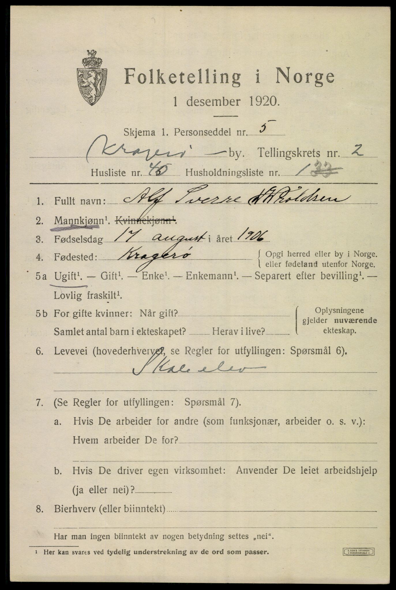 SAKO, Folketelling 1920 for 0801 Kragerø kjøpstad, 1920, s. 5845