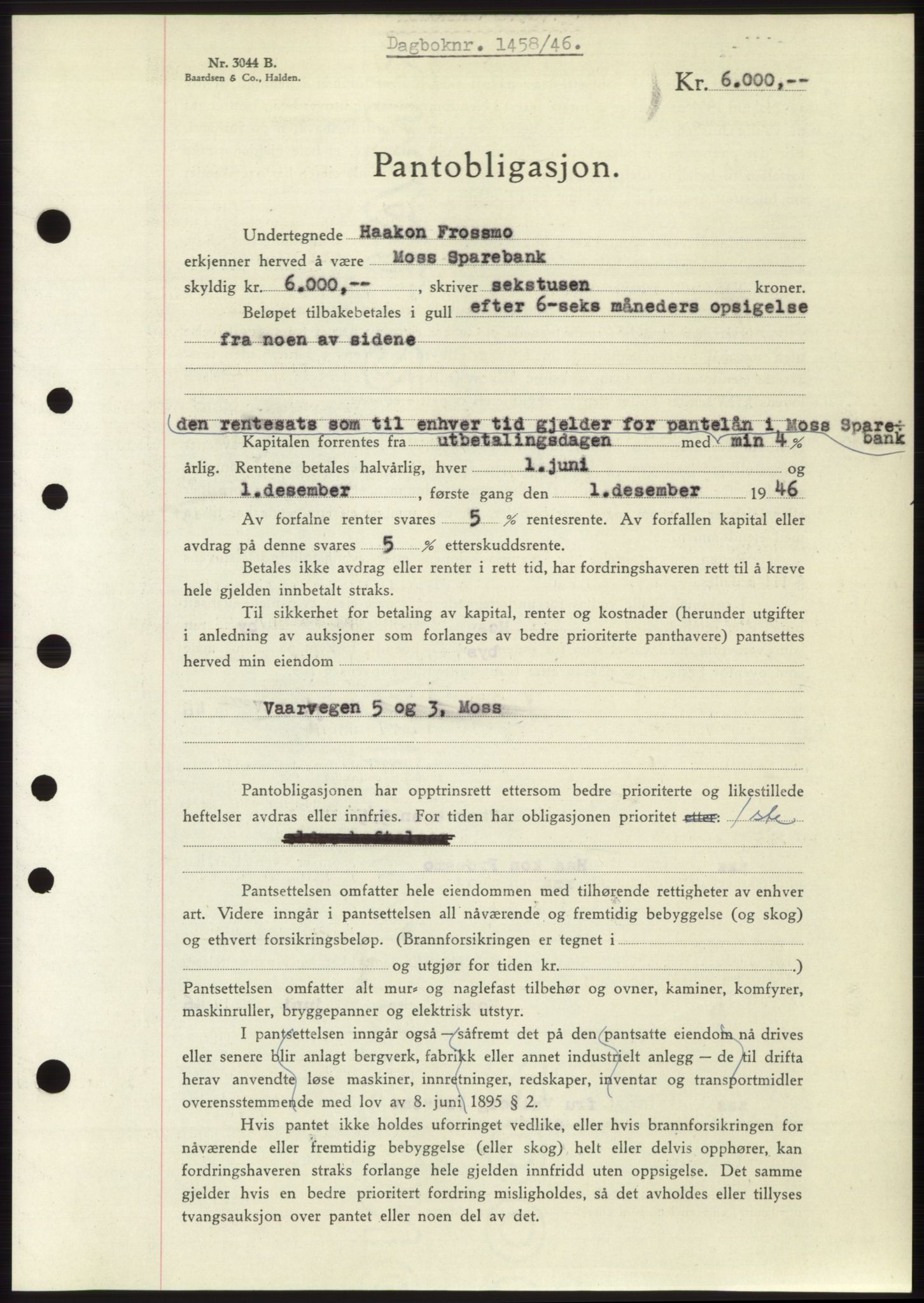 Moss sorenskriveri, SAO/A-10168: Pantebok nr. B15, 1946-1946, Dagboknr: 1458/1946