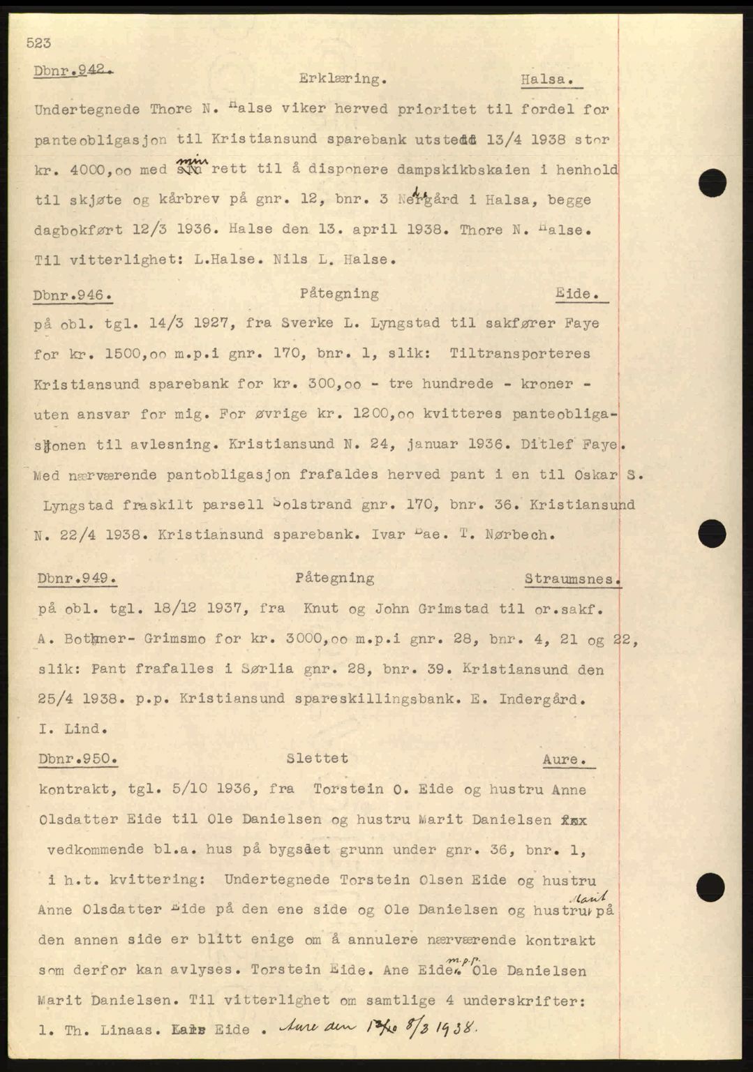 Nordmøre sorenskriveri, SAT/A-4132/1/2/2Ca: Pantebok nr. C80, 1936-1939, Dagboknr: 942/1938