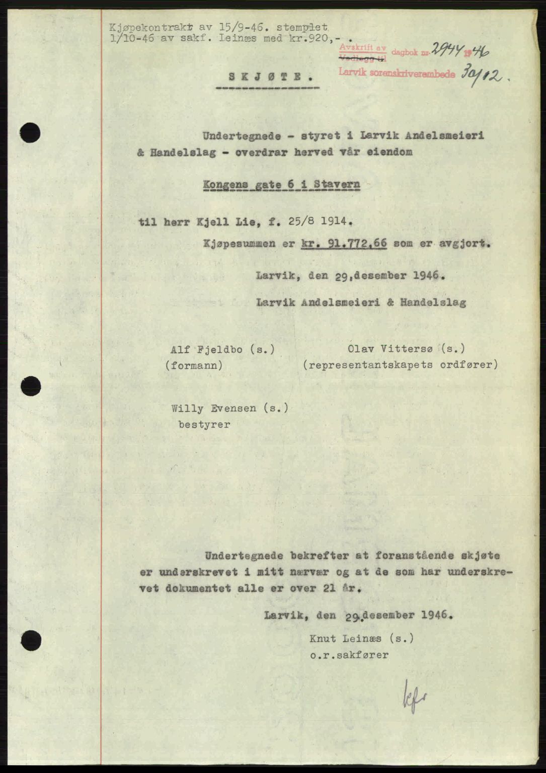 Larvik sorenskriveri, SAKO/A-83/G/Ga/Gab/L0083: Pantebok nr. A-17, 1946-1947, Dagboknr: 2944/1946