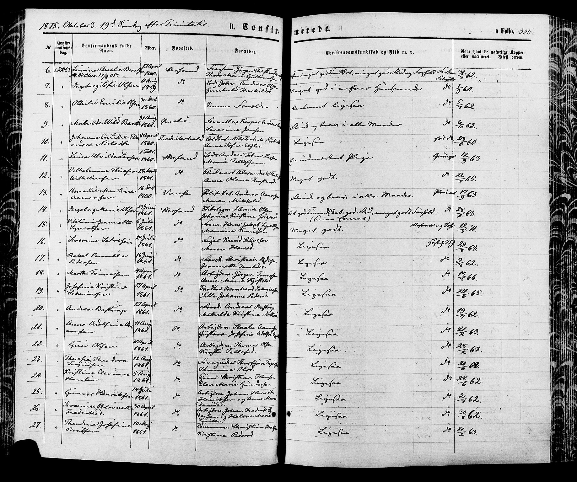 Kristiansand domprosti, AV/SAK-1112-0006/F/Fa/L0015: Ministerialbok nr. A 15, 1867-1880, s. 305