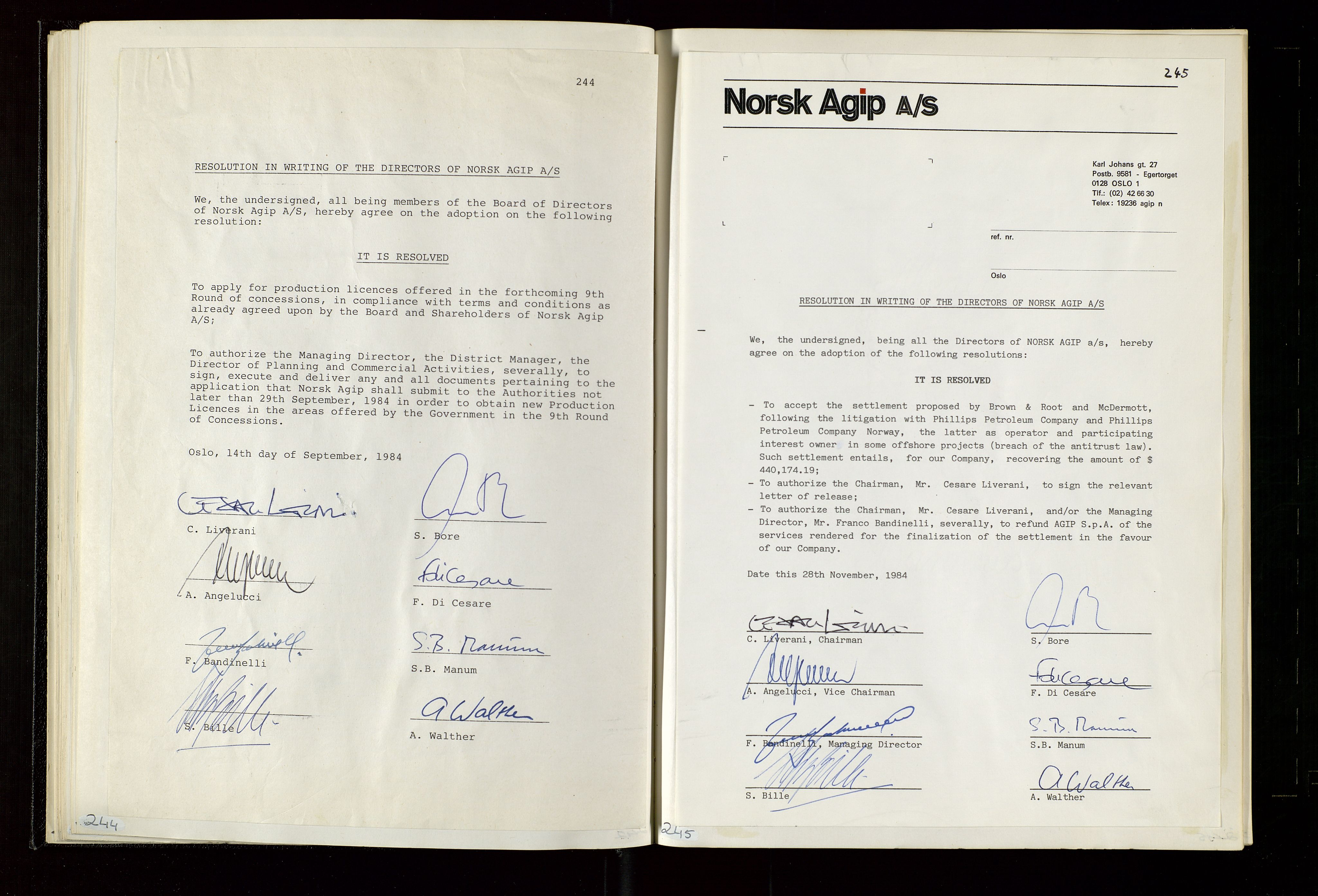 Pa 1583 - Norsk Agip AS, SAST/A-102138/A/Aa/L0003: Board of Directors meeting minutes, 1979-1983, s. 244-245