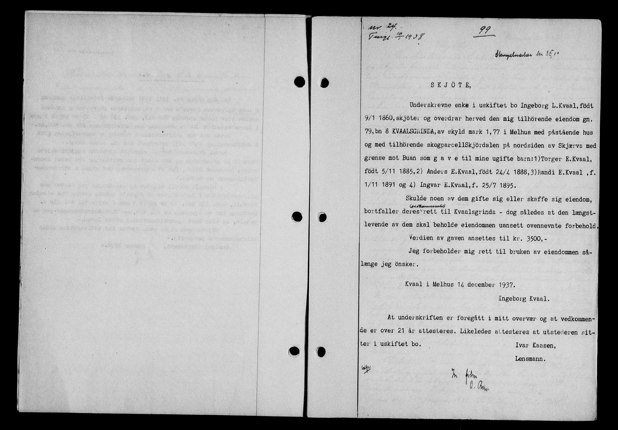 Gauldal sorenskriveri, SAT/A-0014/1/2/2C/L0048: Pantebok nr. 51-52, 1937-1938, s. 99, Dagboknr: 24/1938