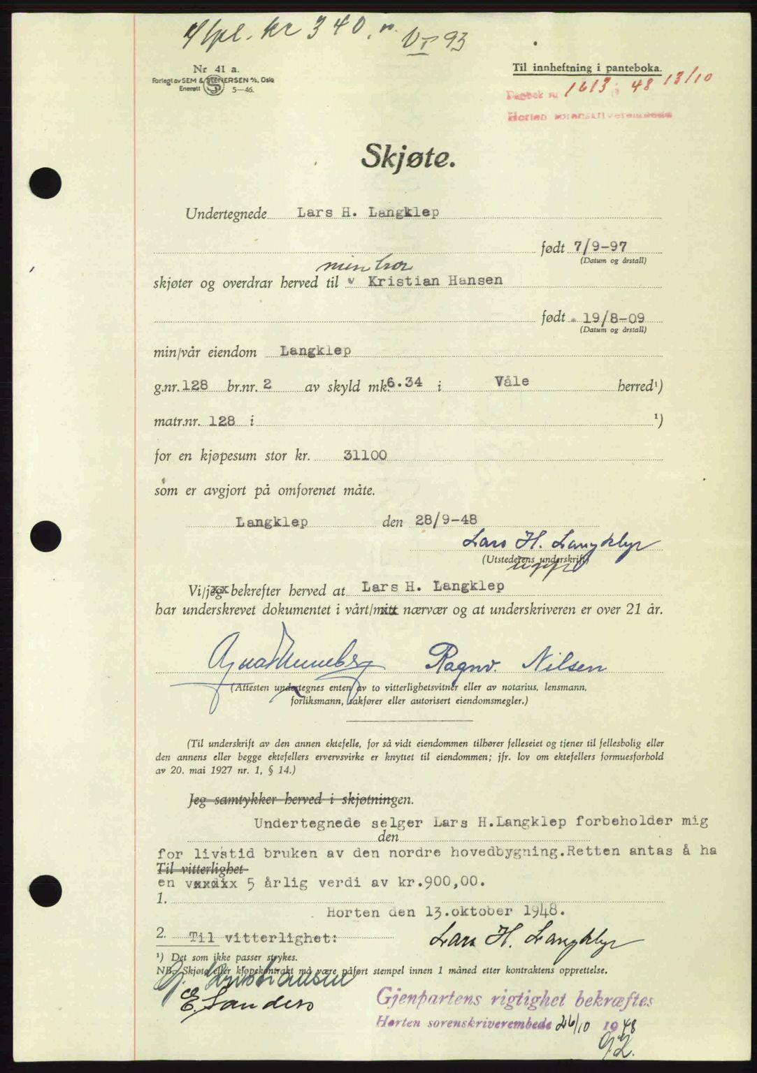 Horten sorenskriveri, AV/SAKO-A-133/G/Ga/Gaa/L0011: Pantebok nr. A-11, 1948-1948, Dagboknr: 1613/1948