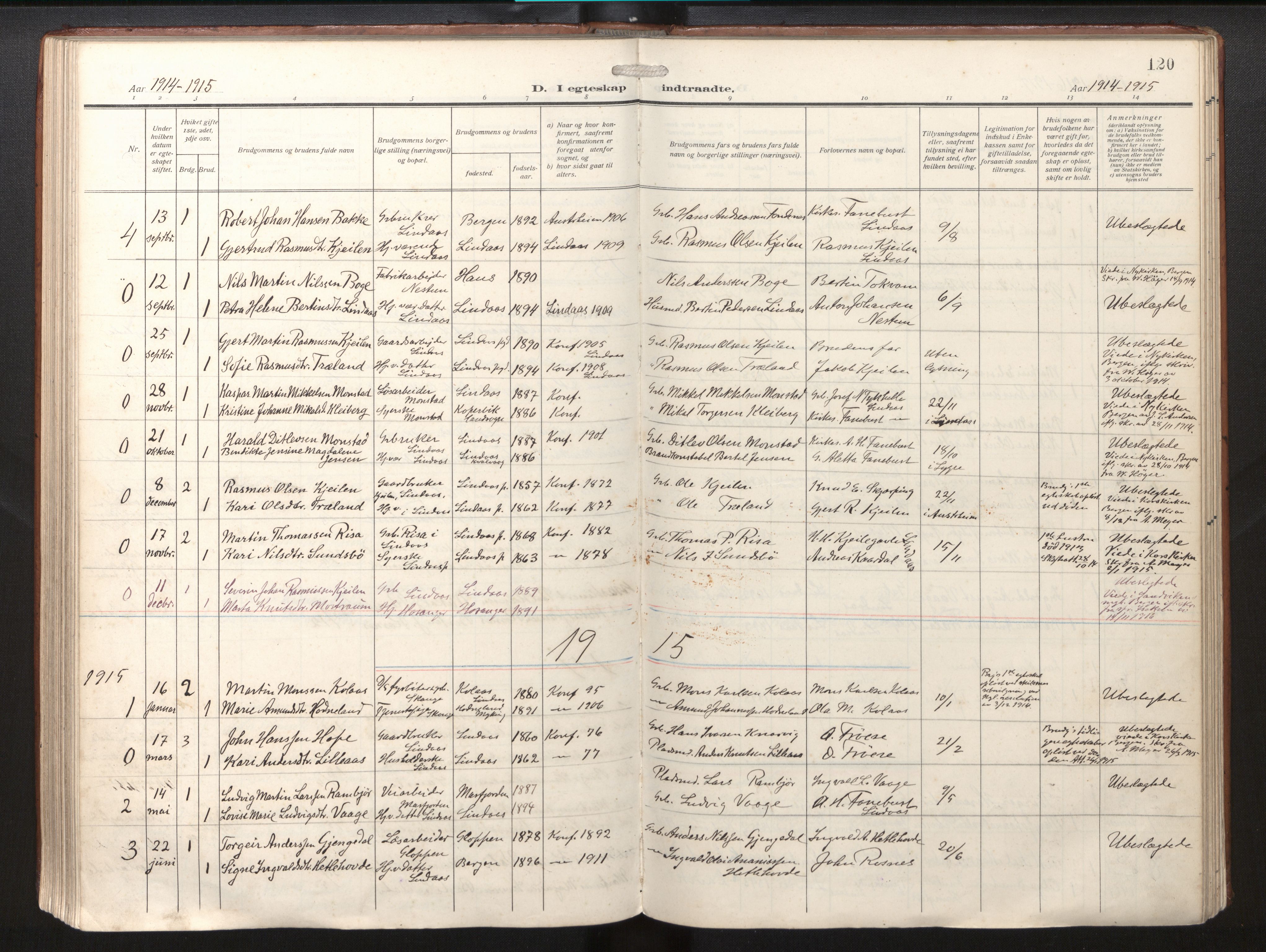 Lindås Sokneprestembete, AV/SAB-A-76701/H/Haa/Haab/L0003: Ministerialbok nr. B 3, 1912-1929, s. 120