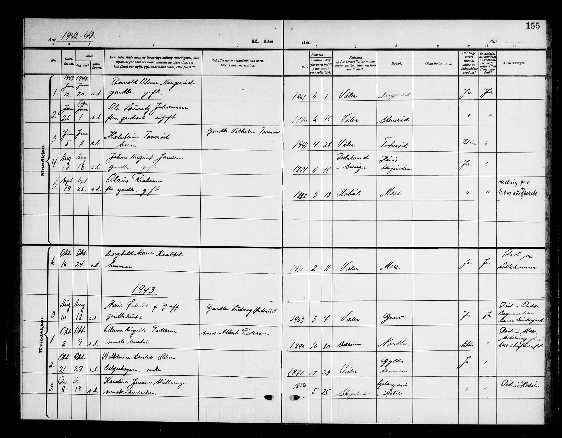 Våler prestekontor Kirkebøker, SAO/A-11083/G/Ga/L0006: Klokkerbok nr. I 6, 1931-1950, s. 155