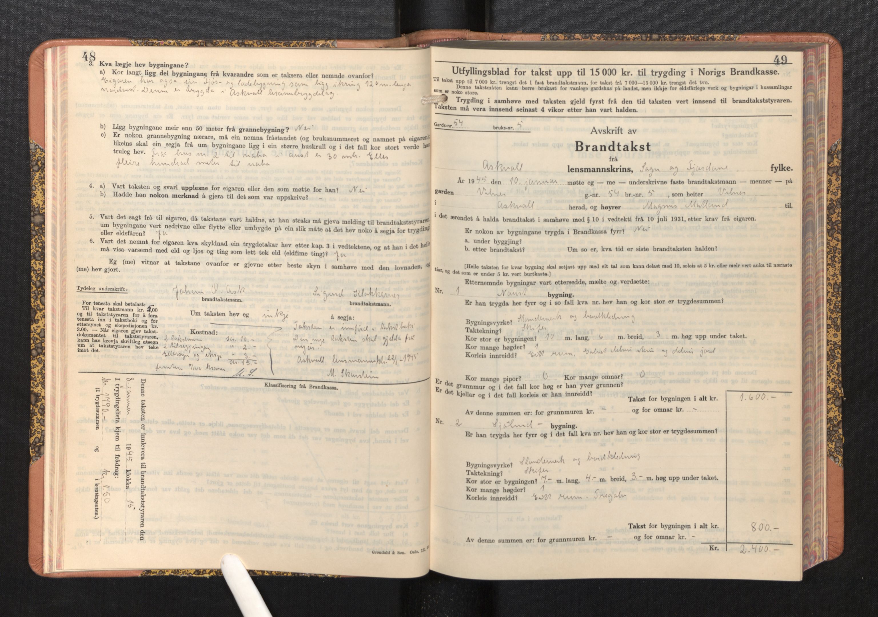 Lensmannen i Askvoll, AV/SAB-A-26301/0012/L0005: Branntakstprotokoll, skjematakst, 1940-1949, s. 48-49