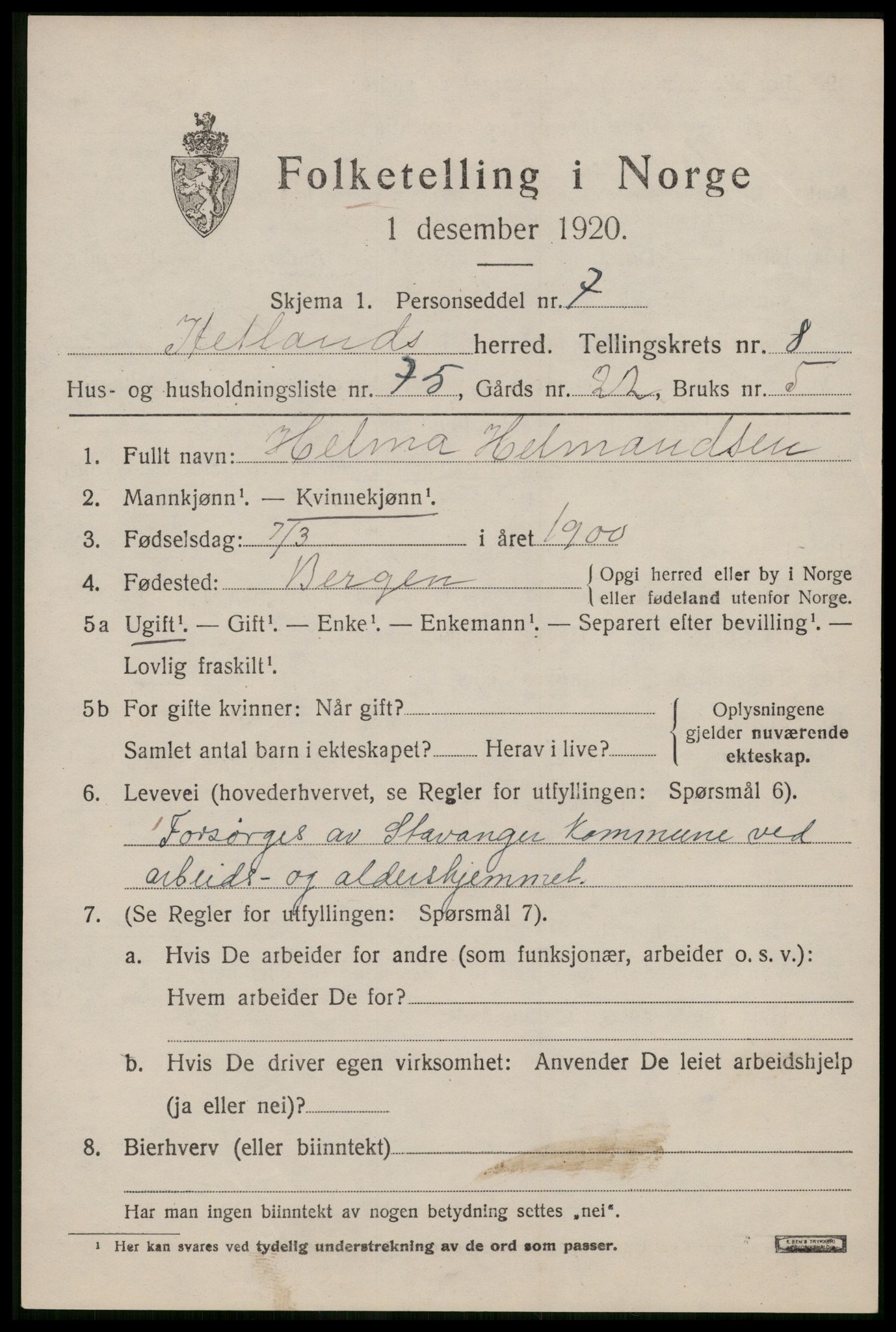 SAST, Folketelling 1920 for 1126 Hetland herred, 1920, s. 16737