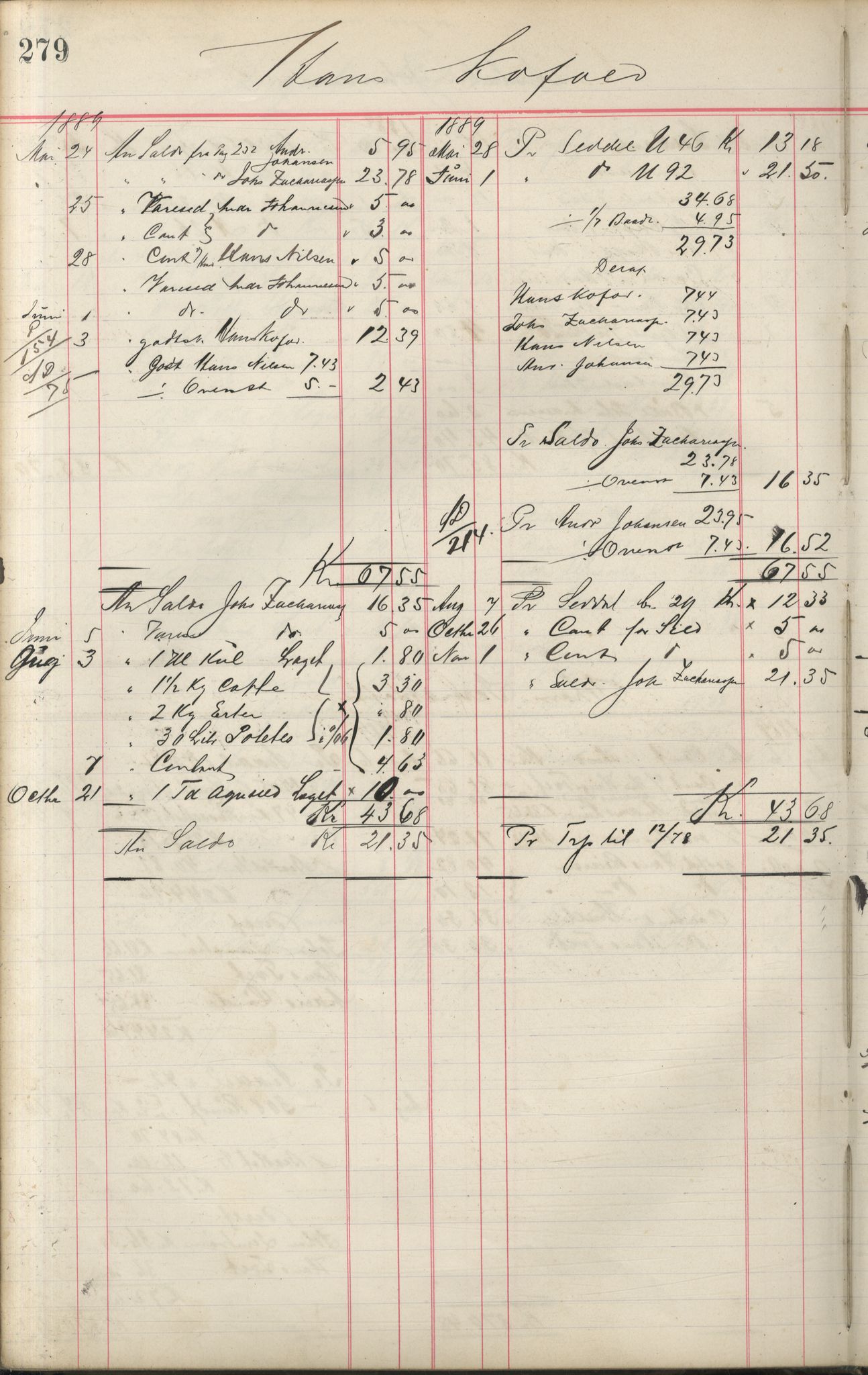 Brodtkorb handel A/S, VAMU/A-0001/F/Fa/L0001/0002: Kompanibøker. Innensogns / Compagnibog for Indensogns Fiskere No 11, 1887-1889, s. 279