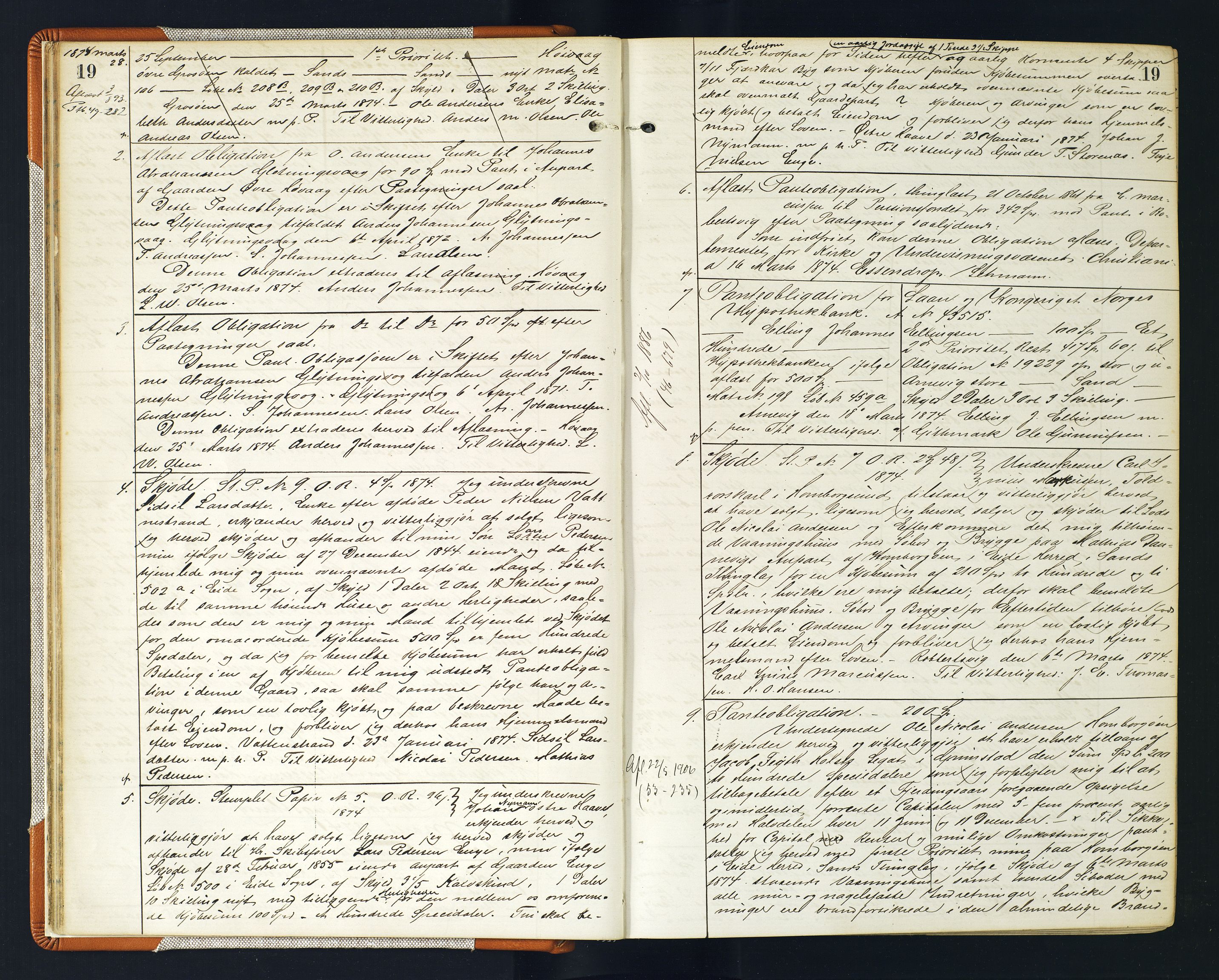 Vestre Nedenes/Sand sorenskriveri, AV/SAK-1221-0010/G/Gb/Gba/L0017: Pantebok nr. 43, 1874-1878, s. 19