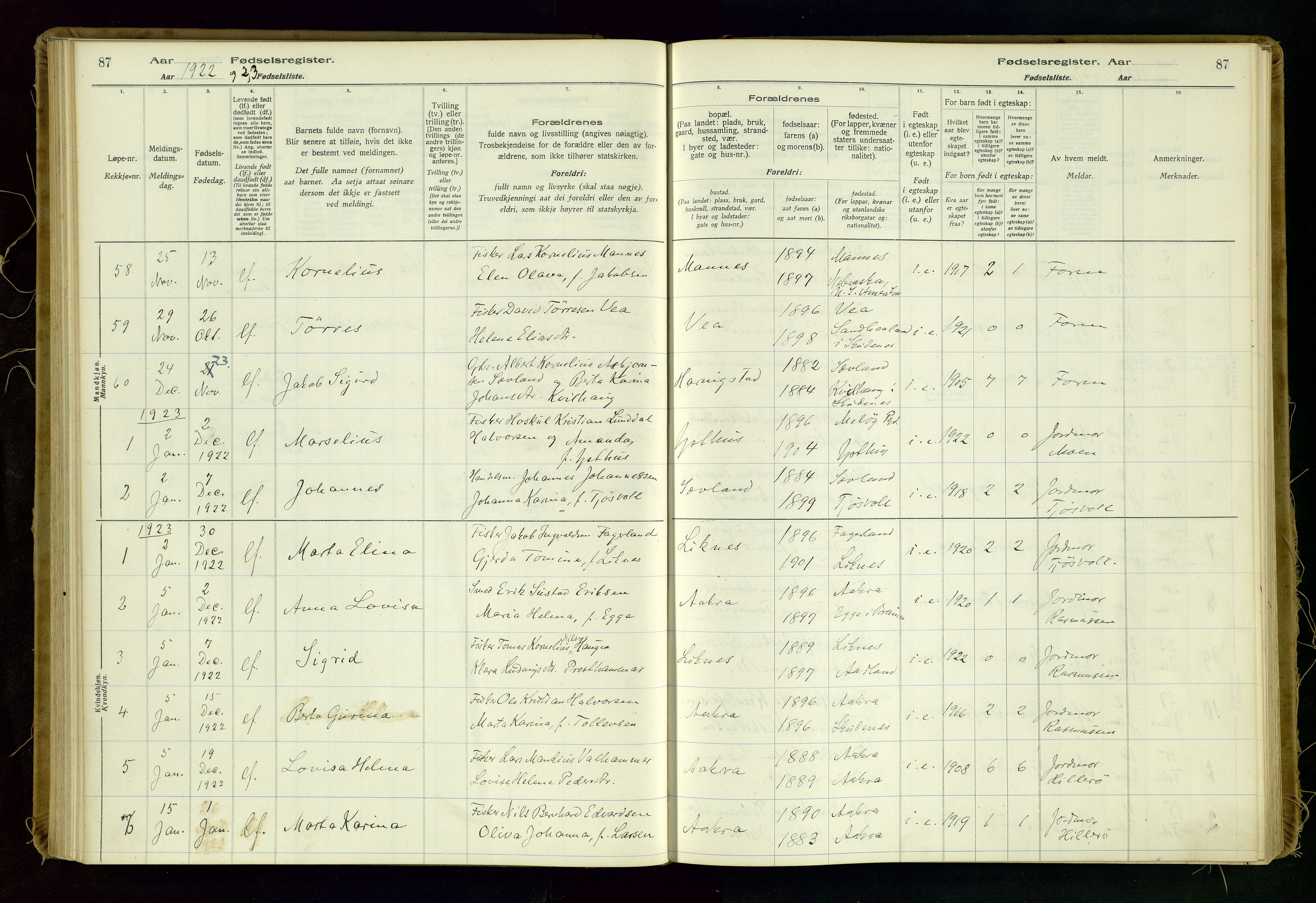 Kopervik sokneprestkontor, SAST/A-101850/I/Id/L0006: Fødselsregister nr. 6, 1916-1934, s. 87