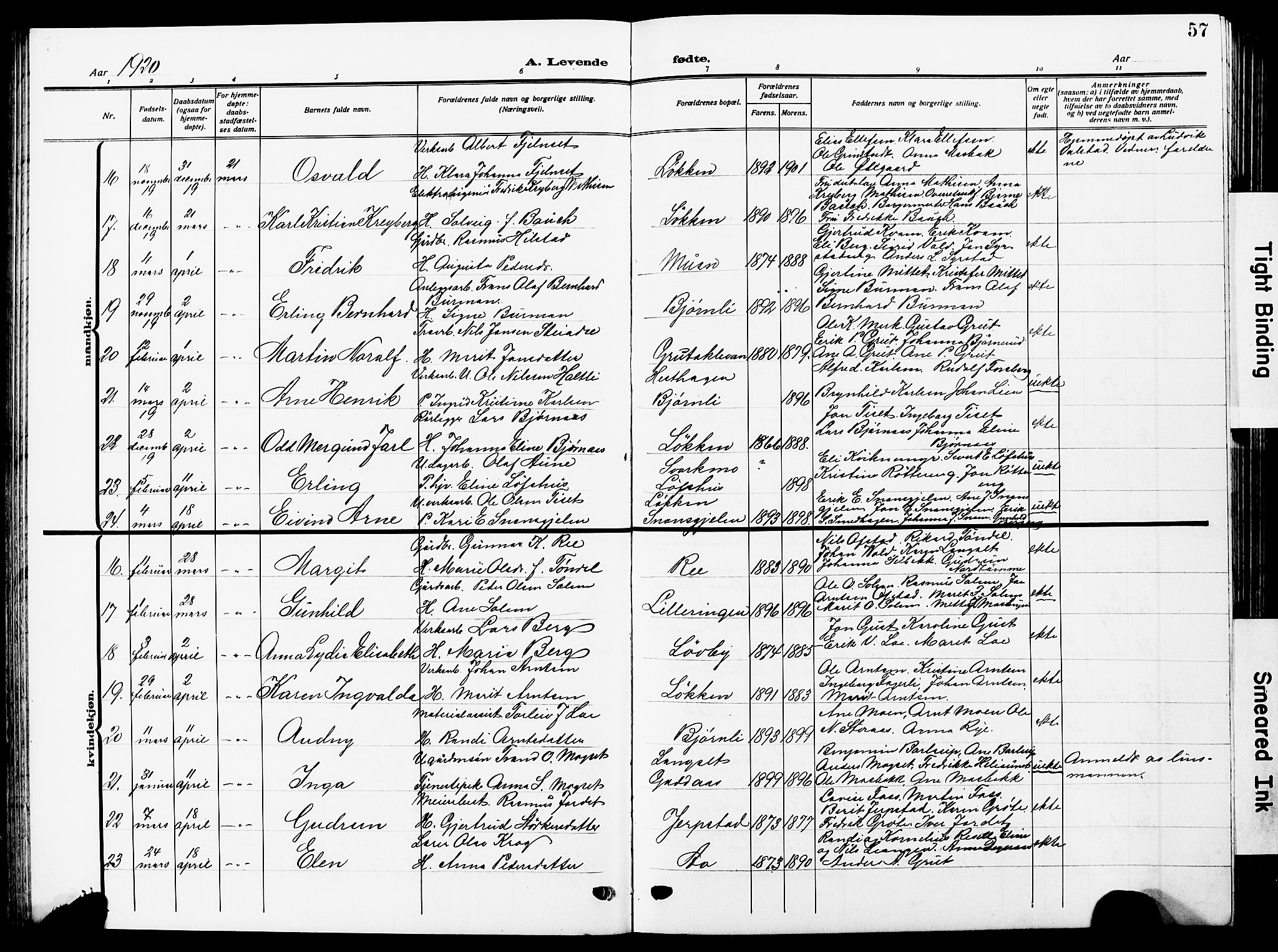 Ministerialprotokoller, klokkerbøker og fødselsregistre - Sør-Trøndelag, SAT/A-1456/672/L0865: Klokkerbok nr. 672C04, 1914-1928, s. 57