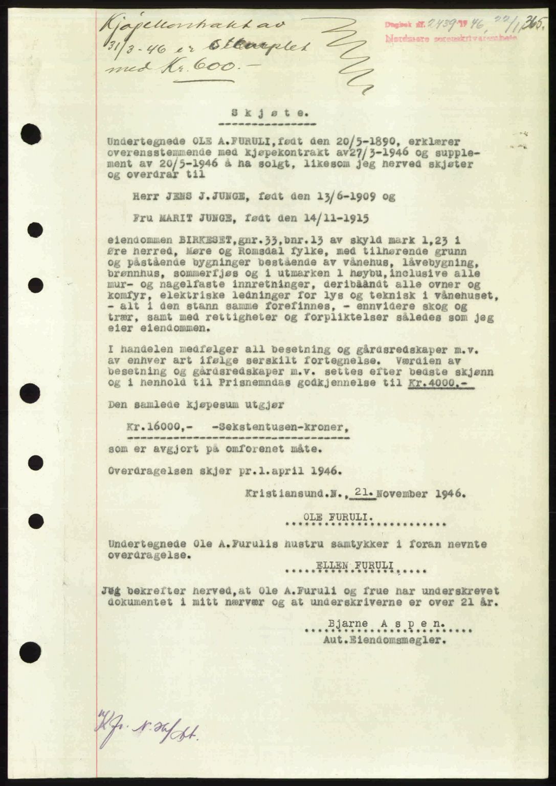 Nordmøre sorenskriveri, SAT/A-4132/1/2/2Ca: Pantebok nr. A103, 1946-1947, Dagboknr: 2439/1946