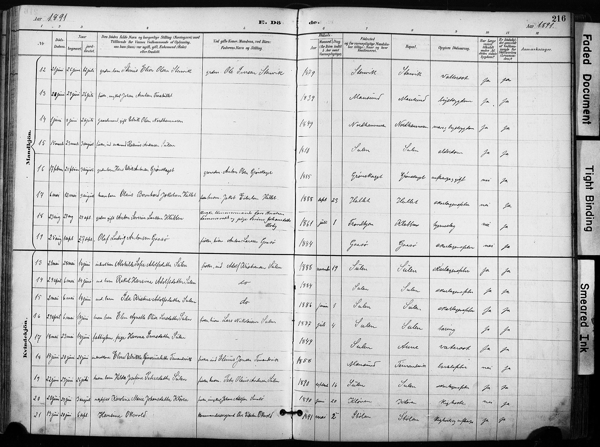 Ministerialprotokoller, klokkerbøker og fødselsregistre - Sør-Trøndelag, SAT/A-1456/640/L0579: Ministerialbok nr. 640A04, 1889-1902, s. 216
