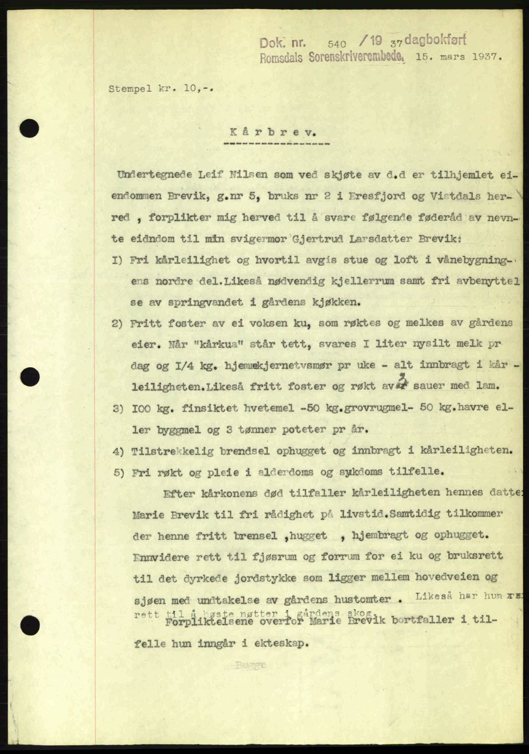 Romsdal sorenskriveri, SAT/A-4149/1/2/2C: Pantebok nr. A2, 1936-1937, Dagboknr: 540/1937