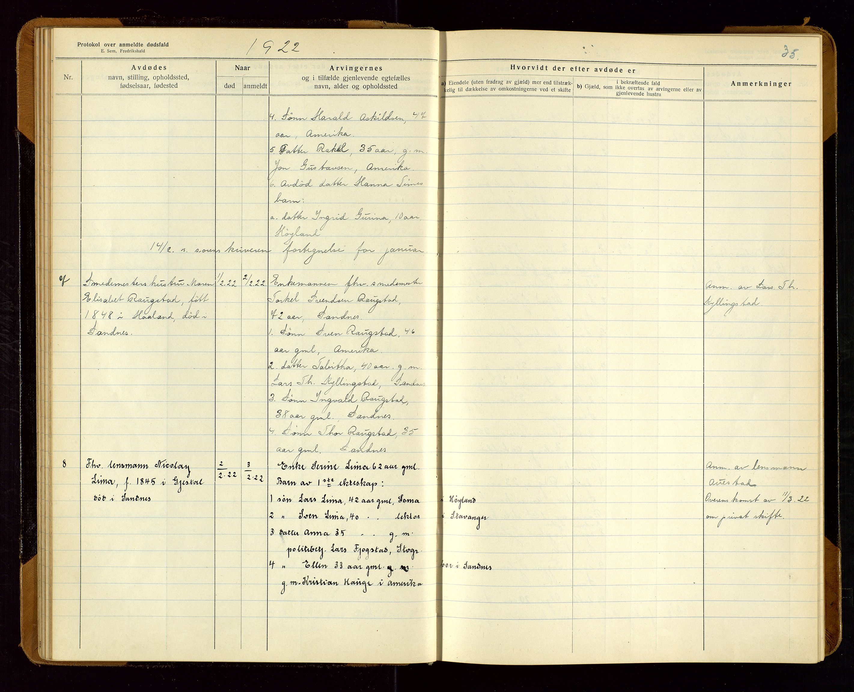 Sandnes lensmannskontor, SAST/A-100167/Gga/L0001: "Protokol over anmeldte dødsfald" m/register, 1918-1940, s. 35