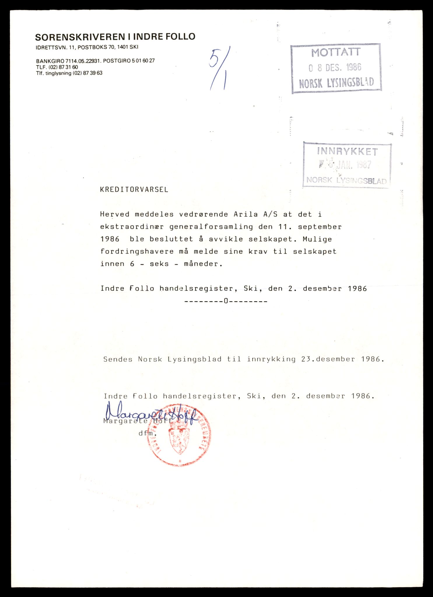 Indre Follo tingrett, SAT/A-10086/K/Kb/Kbb/L0016: Aksjeselskap, Ari - Avi, 1944-1990, s. 1