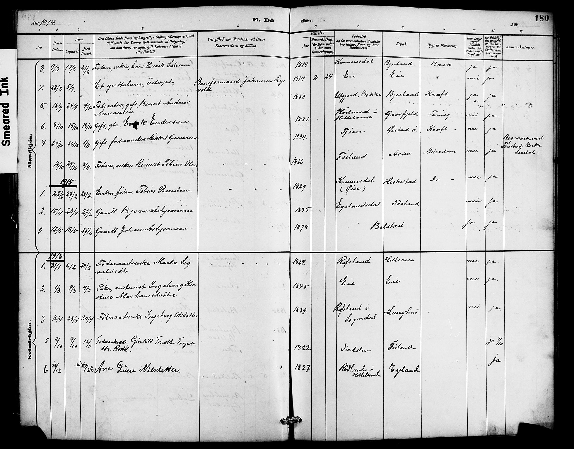 Lund sokneprestkontor, SAST/A-101809/S07/L0007: Klokkerbok nr. B 7, 1890-1925, s. 180