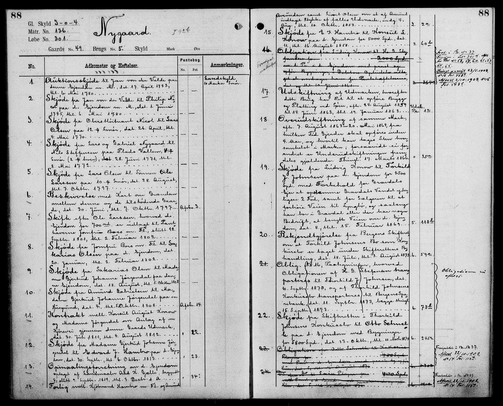 Midhordland sorenskriveri, AV/SAB-A-3001/1/G/Ga/Gab/L0110: Panteregister nr. II.A.b.110, s. 88
