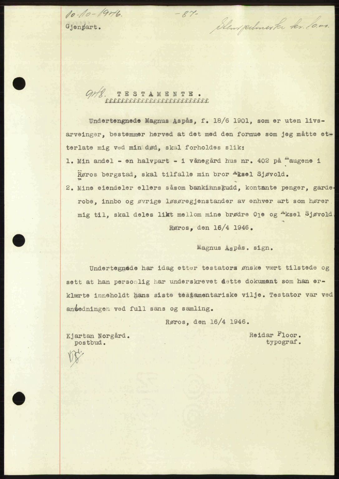 Gauldal sorenskriveri, SAT/A-0014/1/2/2C: Pantebok nr. A2, 1946-1946, Dagboknr: 948/1946