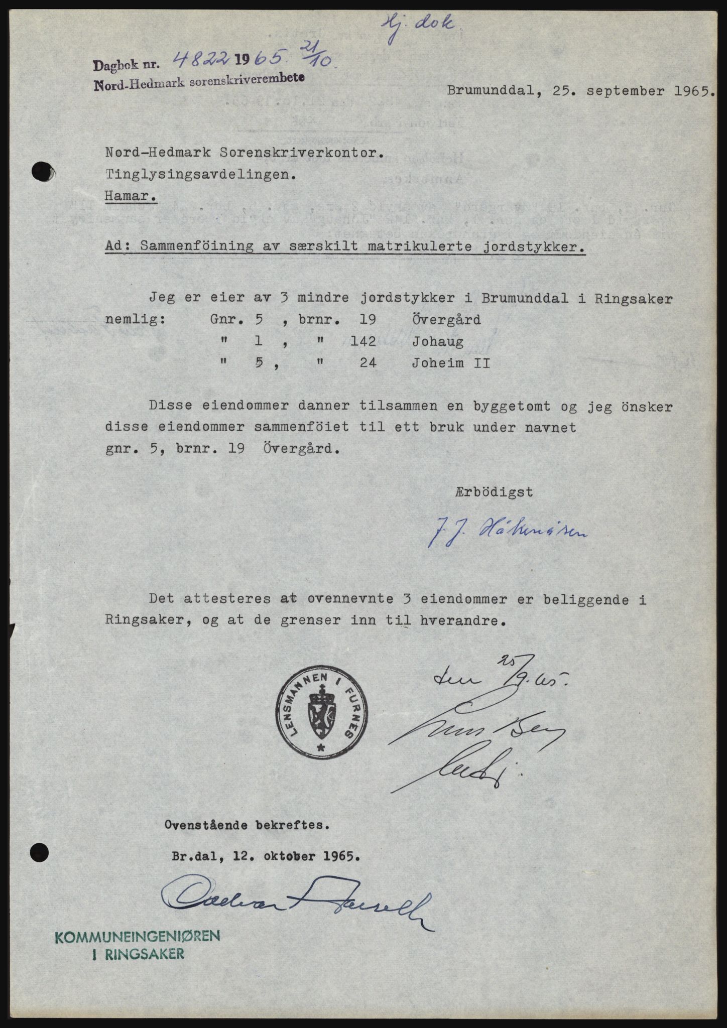 Nord-Hedmark sorenskriveri, SAH/TING-012/H/Hc/L0022: Pantebok nr. 22, 1965-1965, Dagboknr: 4822/1965