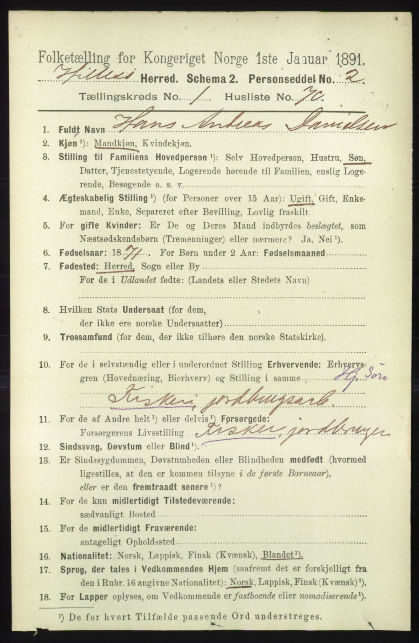 RA, Folketelling 1891 for 1930 Hillesøy herred, 1891, s. 557