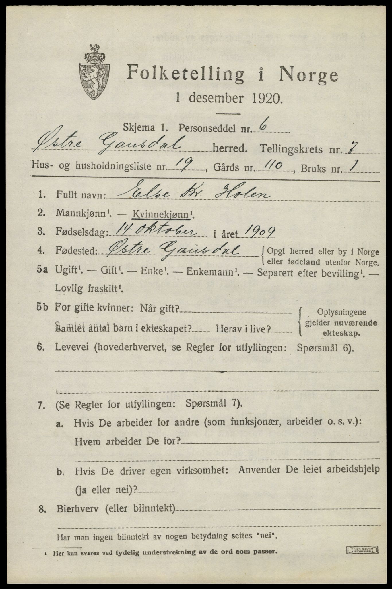 SAH, Folketelling 1920 for 0522 Østre Gausdal herred, 1920, s. 4186