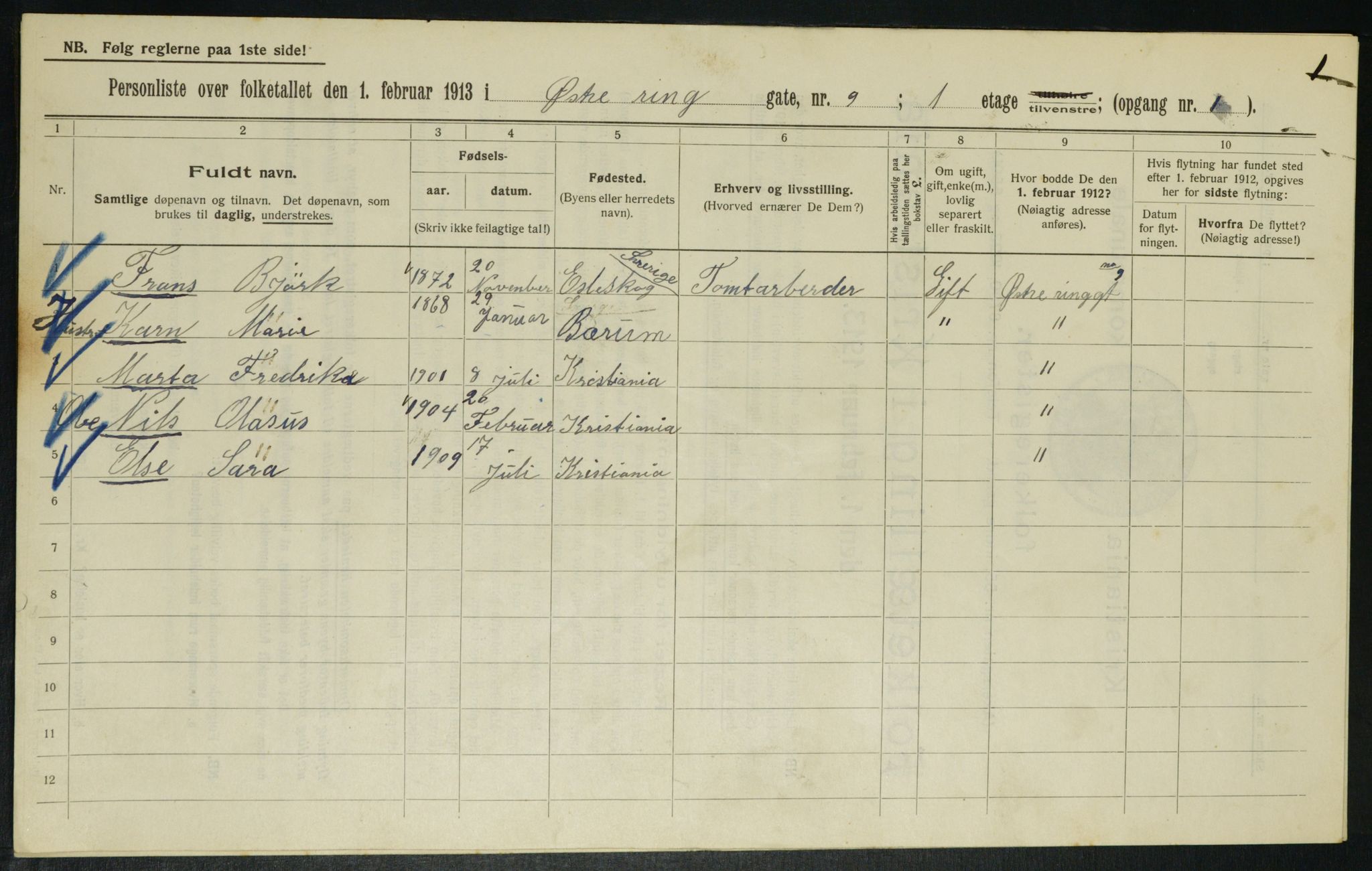 OBA, Kommunal folketelling 1.2.1913 for Kristiania, 1913, s. 129395