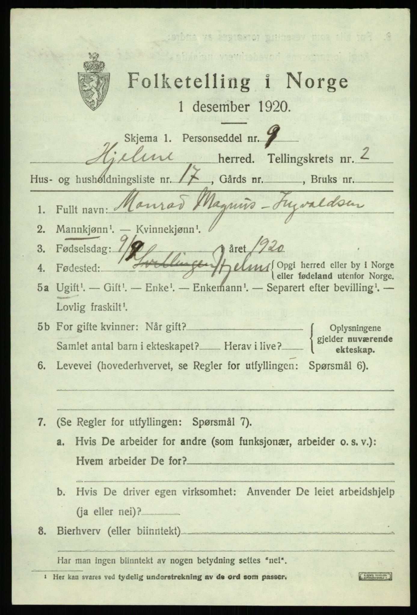 SAB, Folketelling 1920 for 1259 Hjelme herred, 1920, s. 1290