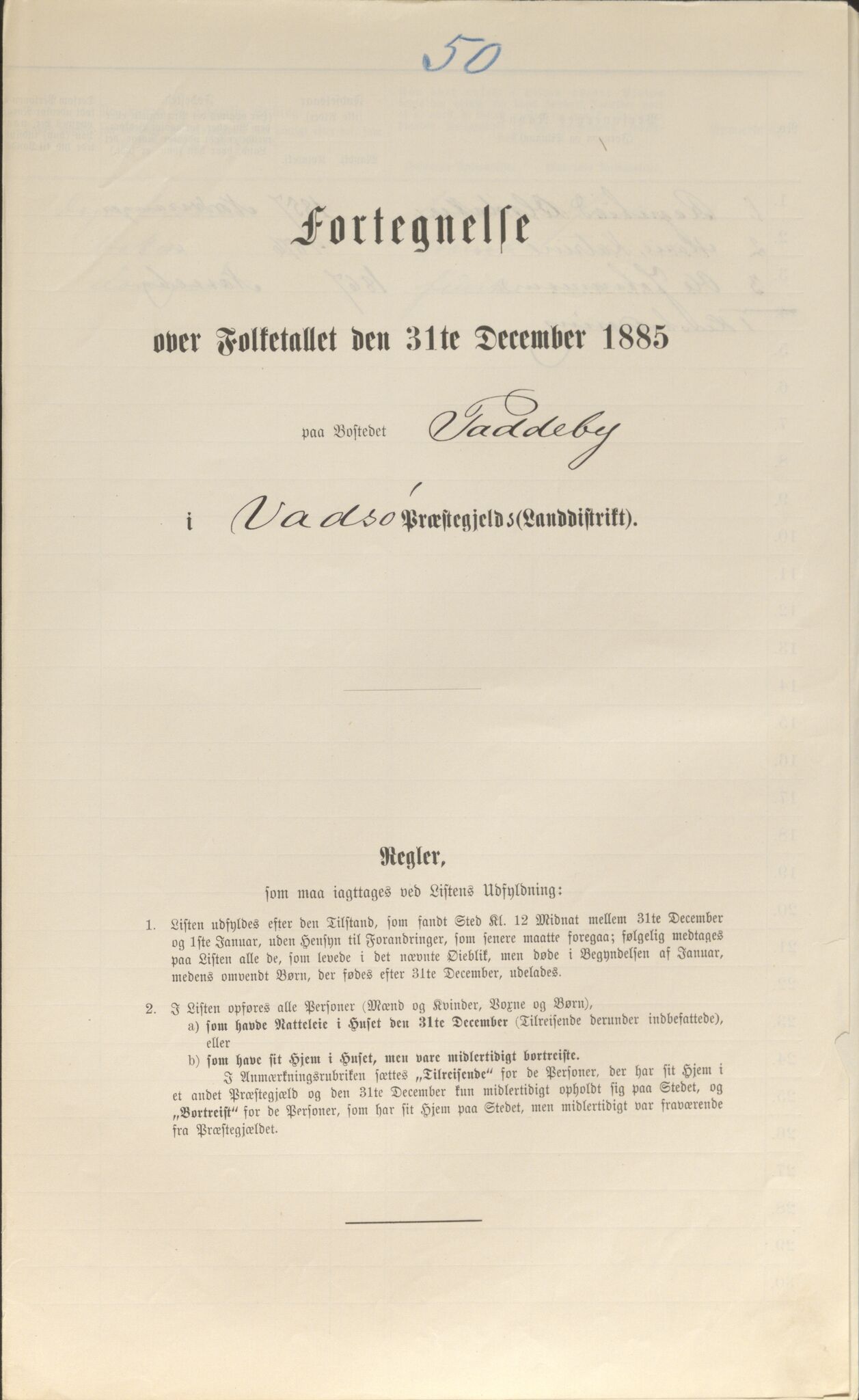 SATØ, Folketelling 1885 for 2029 Vadsø landsogn, 1885, s. 50a