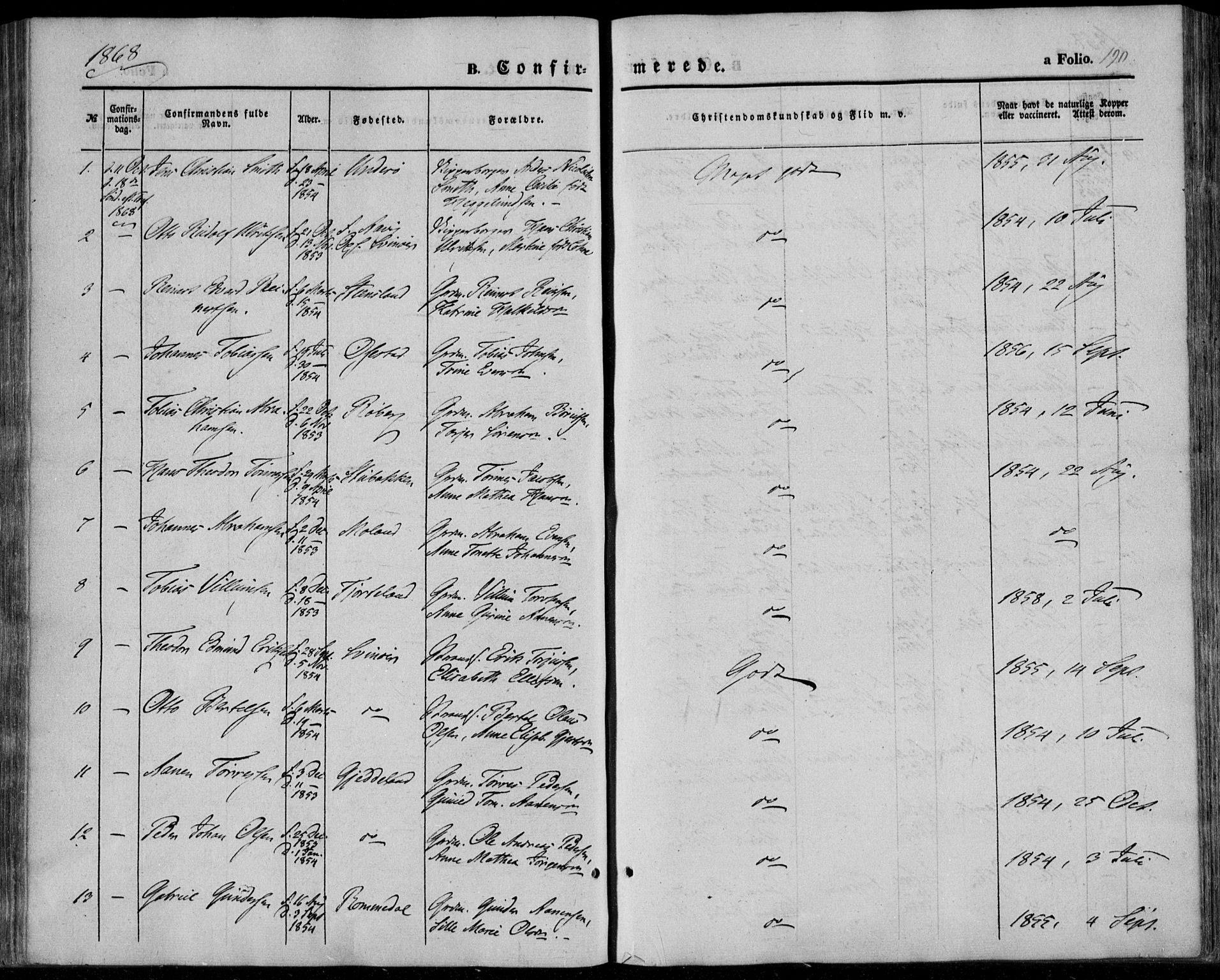 Sør-Audnedal sokneprestkontor, SAK/1111-0039/F/Fa/Fab/L0007: Ministerialbok nr. A 7, 1855-1876, s. 190