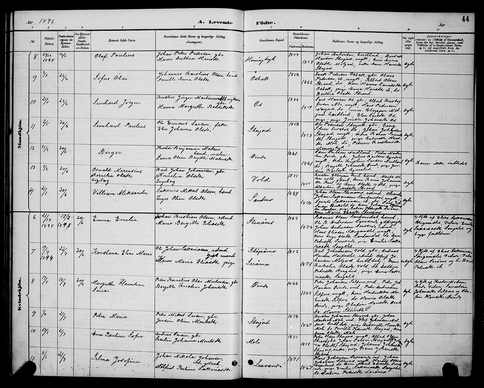 Ministerialprotokoller, klokkerbøker og fødselsregistre - Nordland, AV/SAT-A-1459/846/L0654: Klokkerbok nr. 846C04, 1887-1901, s. 44