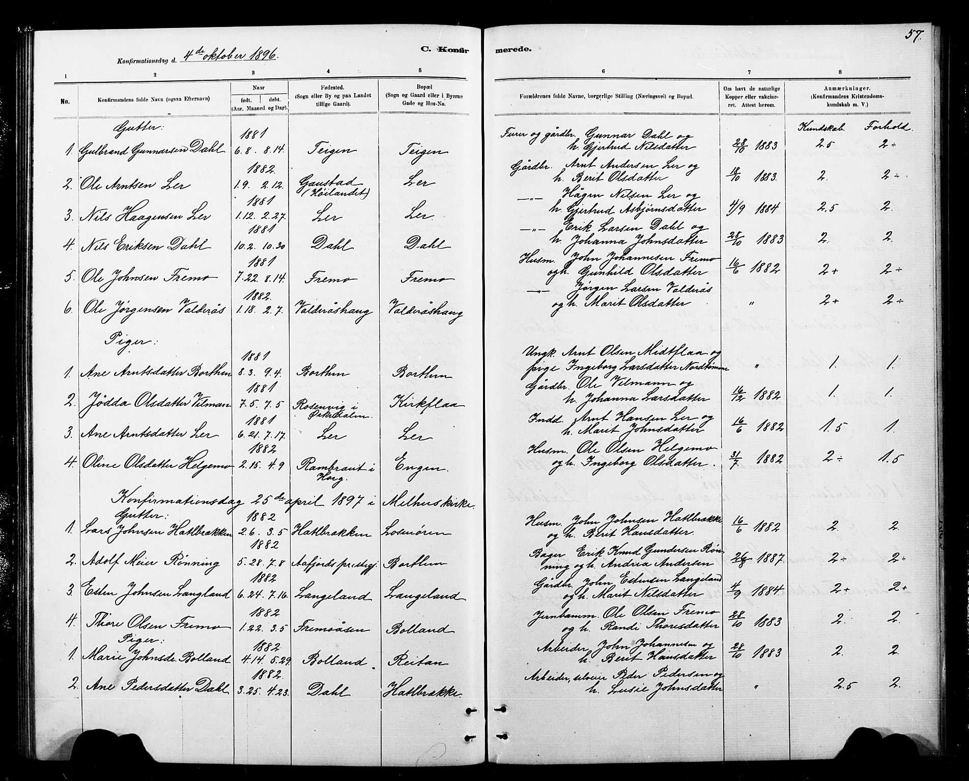 Ministerialprotokoller, klokkerbøker og fødselsregistre - Sør-Trøndelag, SAT/A-1456/693/L1123: Klokkerbok nr. 693C04, 1887-1910, s. 57