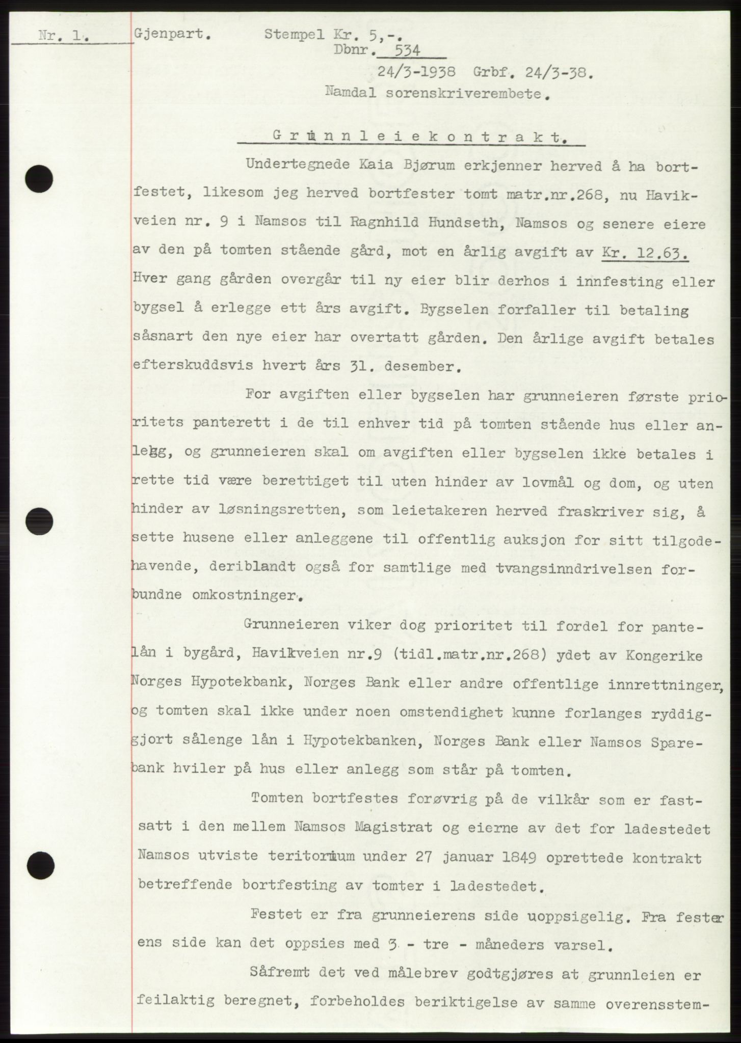 Namdal sorenskriveri, SAT/A-4133/1/2/2C: Pantebok nr. -, 1937-1939, Tingl.dato: 24.03.1938