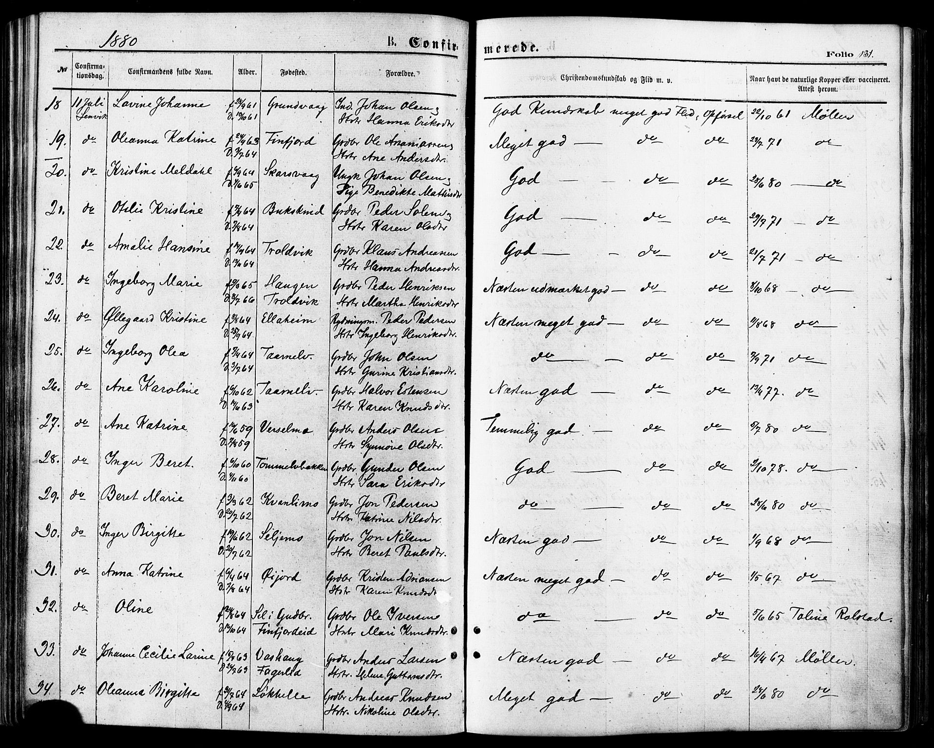 Lenvik sokneprestembete, AV/SATØ-S-1310/H/Ha/Haa/L0010kirke: Ministerialbok nr. 10, 1873-1880, s. 131