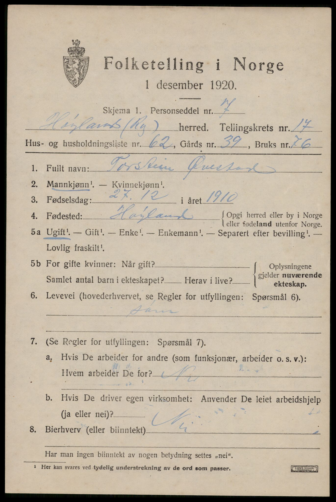 SAST, Folketelling 1920 for 1123 Høyland herred, 1920, s. 16468