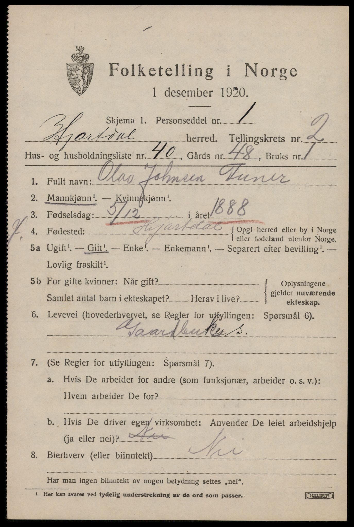 SAKO, Folketelling 1920 for 0827 Hjartdal herred, 1920, s. 2236