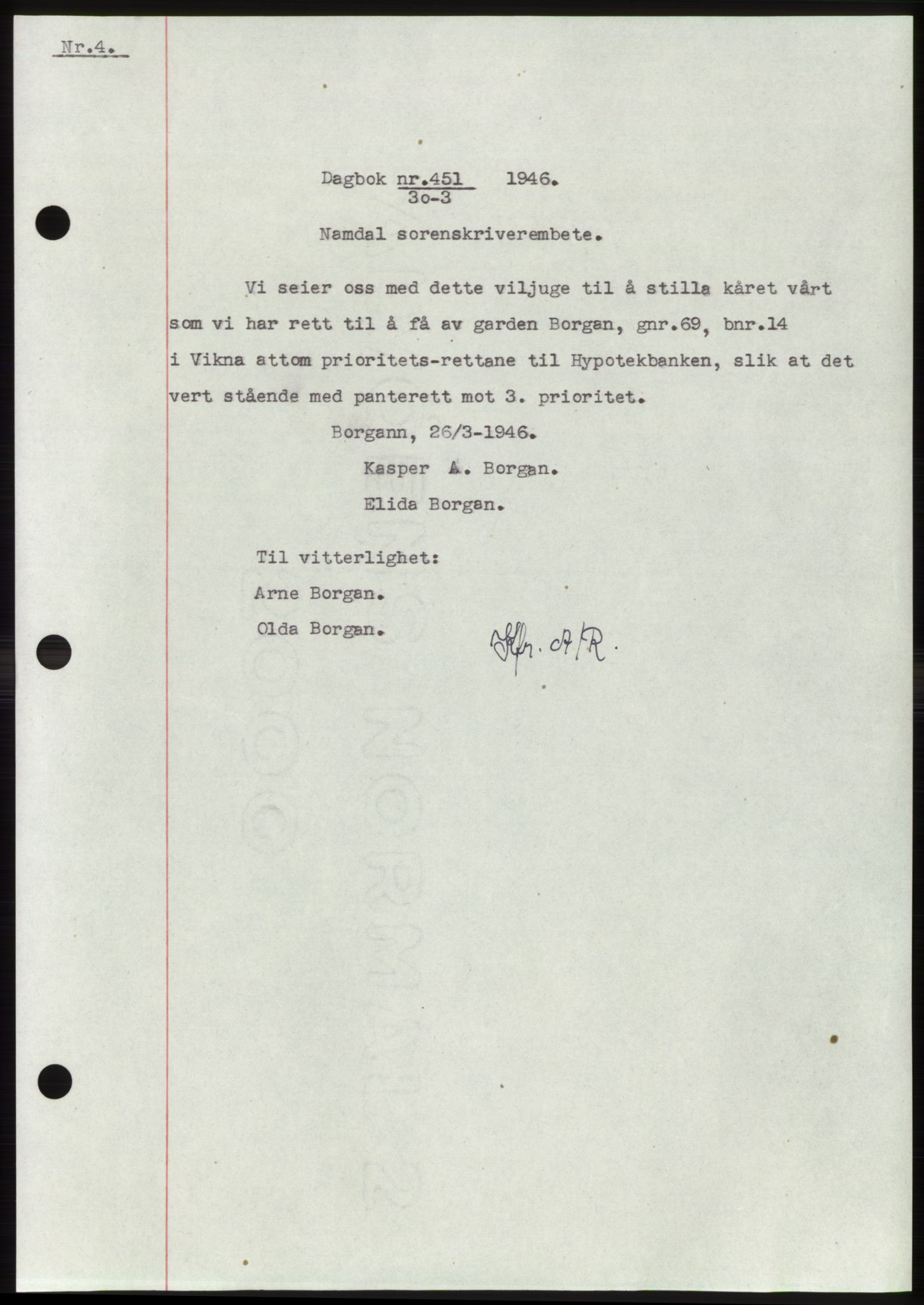 Namdal sorenskriveri, SAT/A-4133/1/2/2C: Pantebok nr. -, 1946-1946, Dagboknr: 451/1946