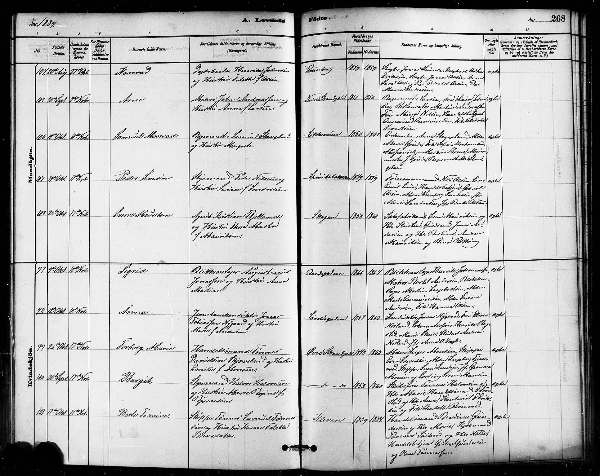 Domkirken sokneprestkontor, AV/SAST-A-101812/001/30/30BB/L0015: Klokkerbok nr. B 15, 1880-1891, s. 268