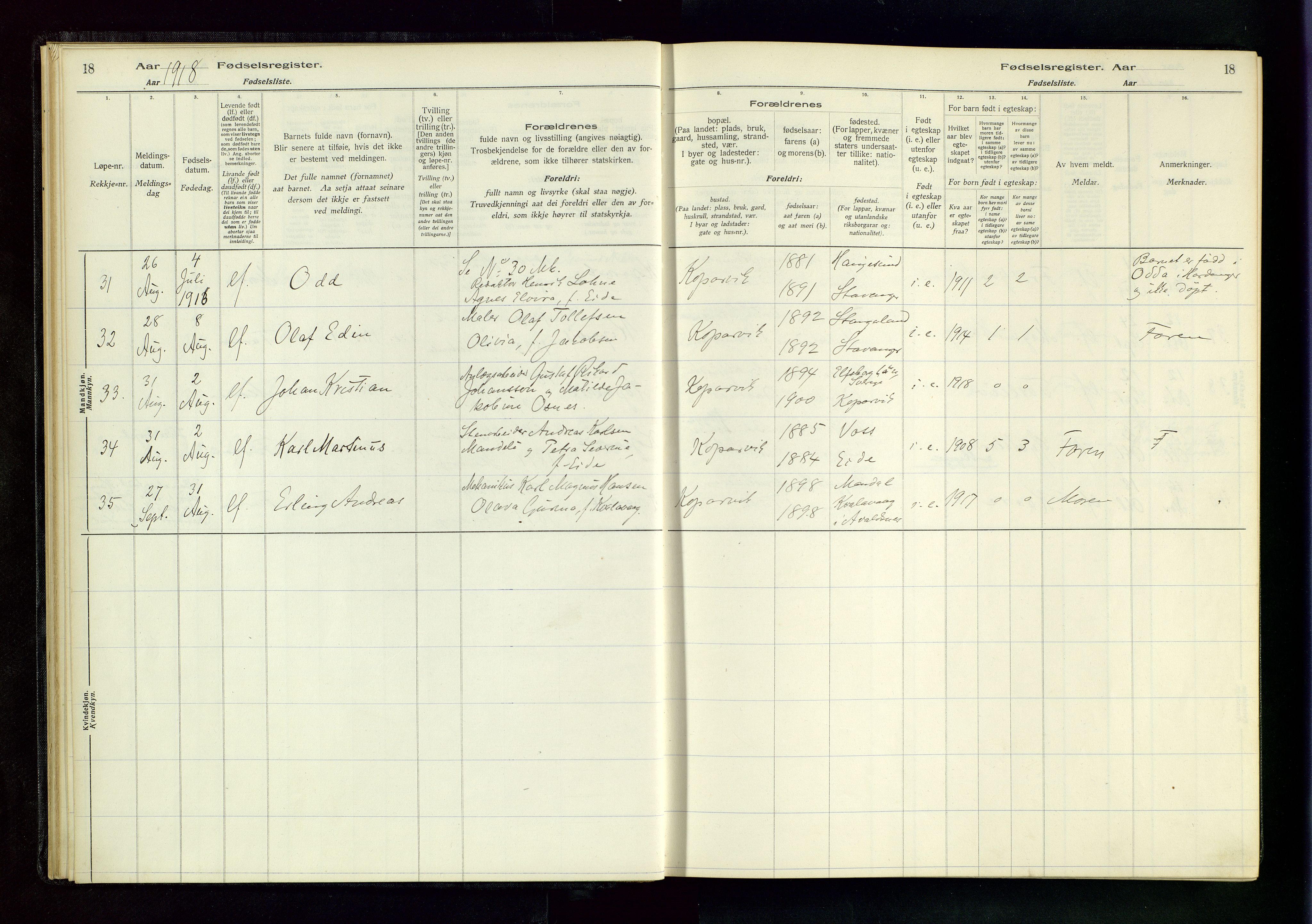 Kopervik sokneprestkontor, AV/SAST-A-101850/I/Id/L0001: Fødselsregister nr. 1, 1916-1952, s. 18