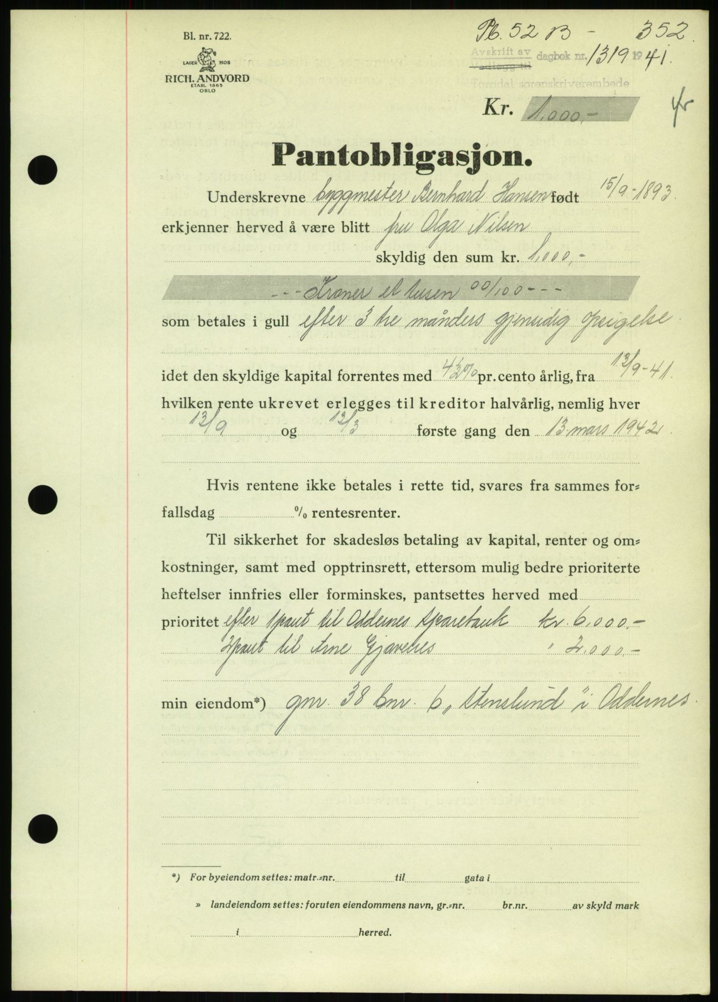 Torridal sorenskriveri, SAK/1221-0012/G/Gb/Gbb/L0008: Pantebok nr. 52b, 1940-1942, Dagboknr: 1319/1941