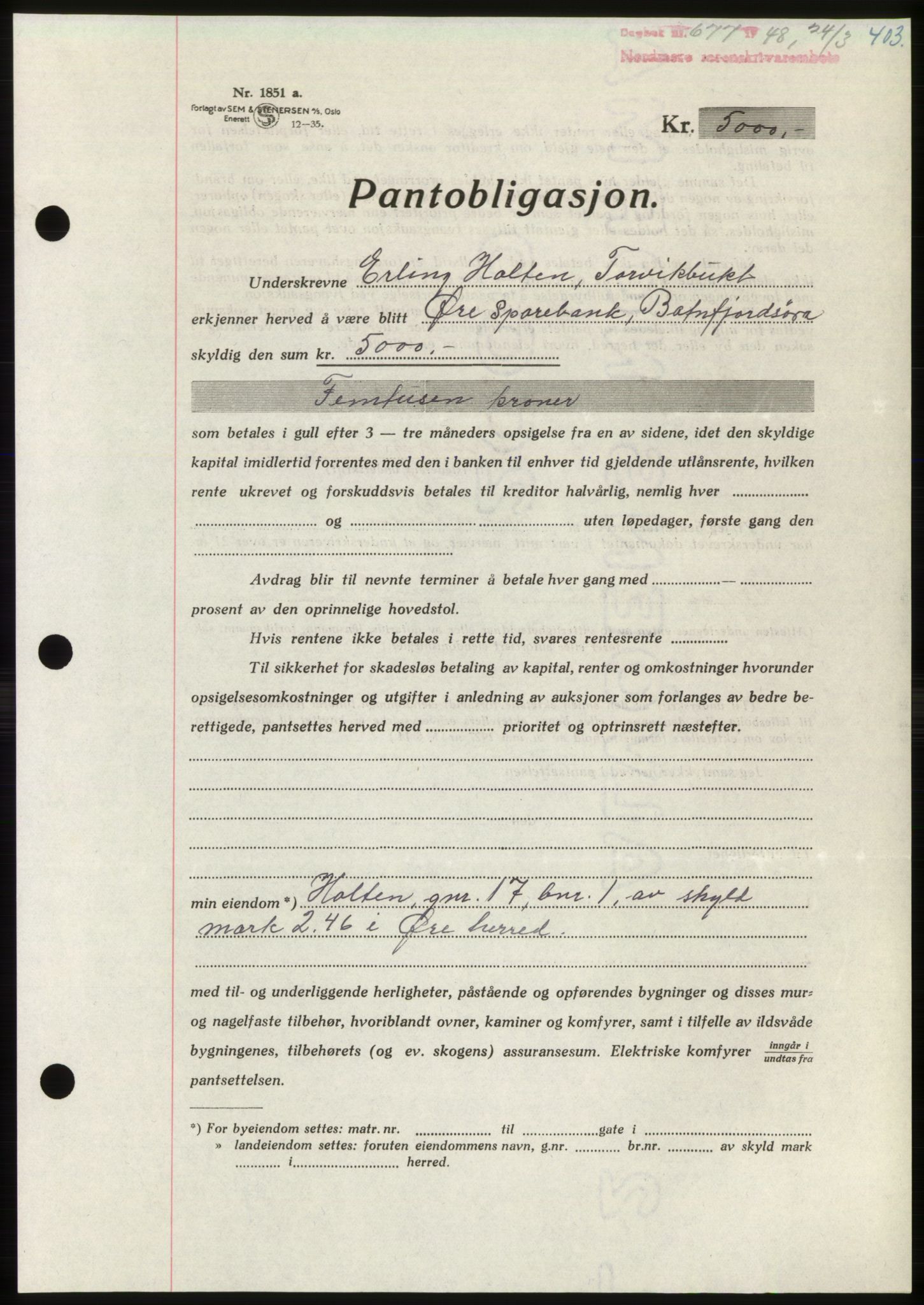 Nordmøre sorenskriveri, SAT/A-4132/1/2/2Ca: Pantebok nr. B98, 1948-1948, Dagboknr: 677/1948